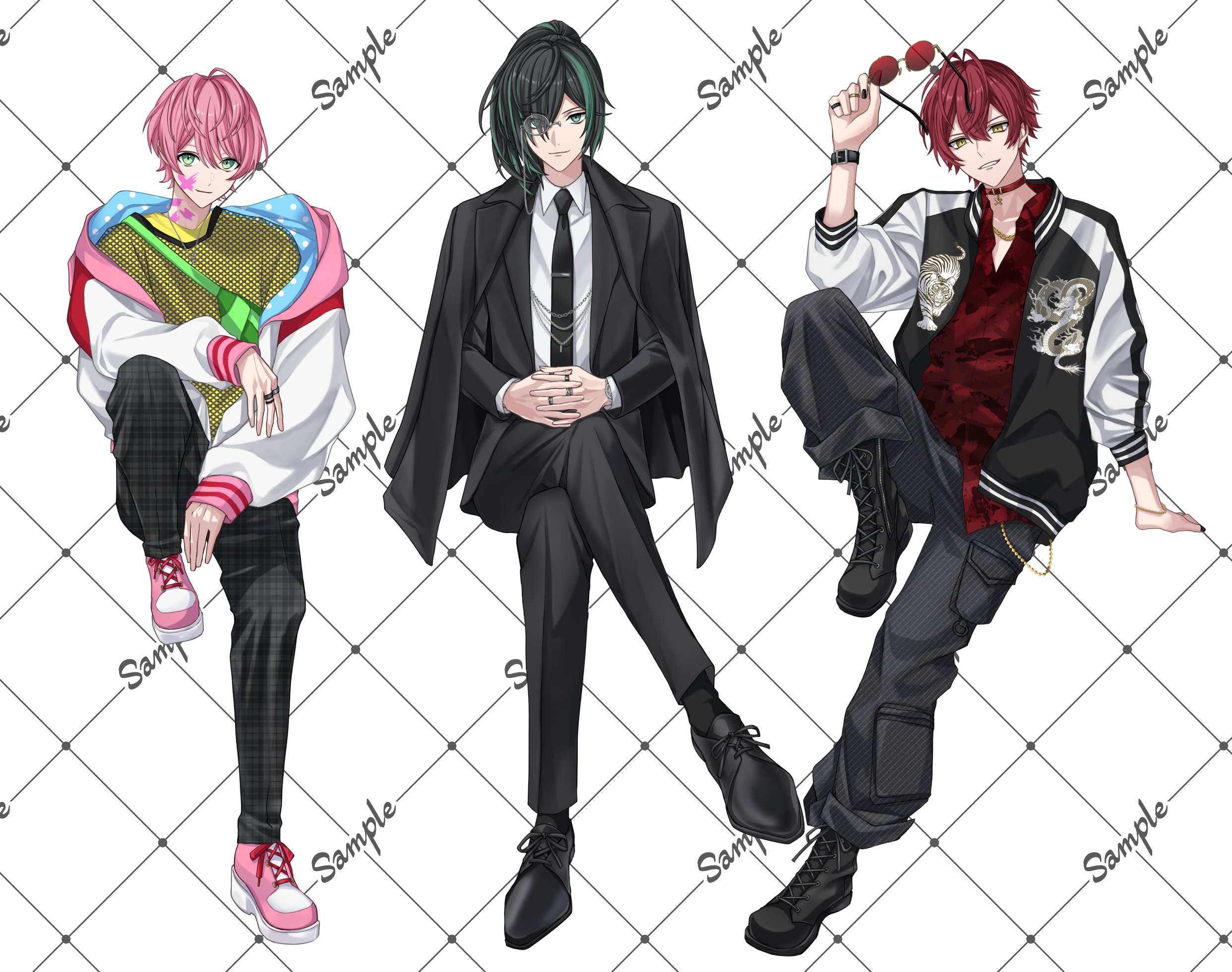 soiya (soiyaaaaaa2), vau (utaite), knight a, highres, official art, 3boys, alternate costume, antenna hair, arm support, black boots, black hair, black jacket, black nails, black necktie, black pants, black suit, blue jacket, boots, bracelet, center-flap bangs, chain, chain bracelet, chain necklace, choker, closed mouth, collared shirt, cross-laced shoes, crossed legs, dragon print, dress pants, dress shoes, eyes visible through hair, facepaint, fanny pack, fishnet top, fishnets, formal clothes, full body, green bag, green eyes, green hair, grin, hair between eyes, hair over one eye, holding, holding removed eyewear, interlocked fingers, invisible chair, jacket, jacket on shoulders, jewelry, knee up, lace-up boots, letterman jacket, lineup, long hair, long sleeves, looking at viewer, male focus, monocle, multicolored hair, multicolored jacket, multiple boys, nail polish, necklace, necktie, off shoulder, open clothes, open jacket, own hands together, pants, pink hair, pink shoes, plaid clothes, plaid pants, polka dot, polka dot jacket, ponytail, red-tinted eyewear, red choker, red hair, red shirt, sample watermark, shirt, shiyun (utaite), shoes, short hair, sitting, smile, sneakers, splatter print, straight-on, streaked hair, suit, suit jacket, teruto (utaite), tinted eyewear, two-tone jacket, untucked shirt, unworn eyewear, utaite, v-shaped eyebrows, wallet chain, watermark, white background, white jacket, white shirt, wrist belt, yellow eyes, yellow shirt