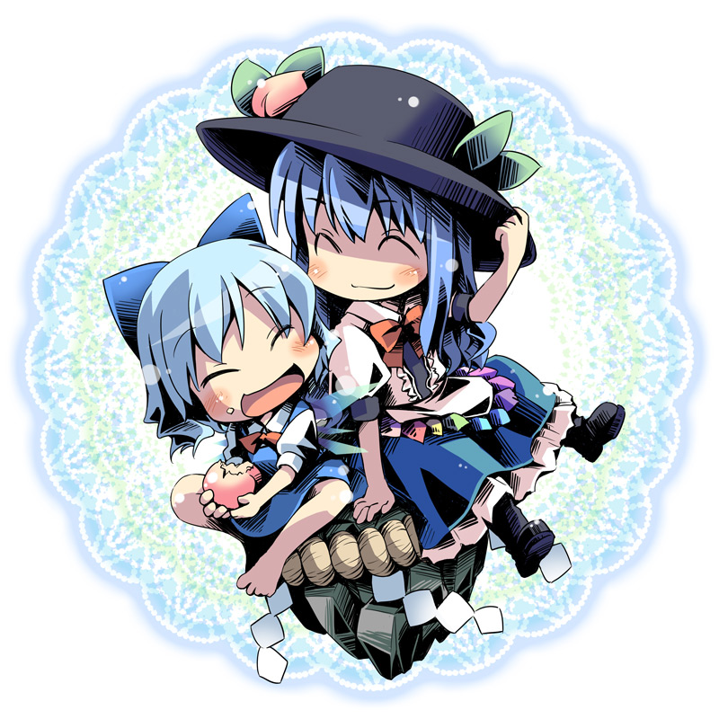 ham (points), cirno, hinanawi tenshi, touhou, 2girls, blue hair, chibi, eating, female focus, food, food on face, fruit, hat, holding, holding food, holding fruit, loli, long hair, multiple girls, peach, ribbon, short hair