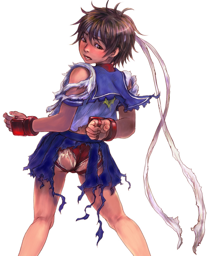 inomoto hiro, kasugano sakura, capcom, street fighter, street fighter zero (series), 1990s (style), 1girl, ass, back, bandana, blue sailor collar, blush, brown eyes, brown hair, buruma, female focus, fingerless gloves, from behind, gloves, headband, kneepits, knees, legs, looking back, miniskirt, neckerchief, open mouth, panties, pantyhose, pantyshot, pleated skirt, red panties, retro artstyle, sailor collar, sailor crest, school uniform, serafuku, shirt, short hair, simple background, skirt, solo, spread legs, standing, torn clothes, underwear, white background, worried