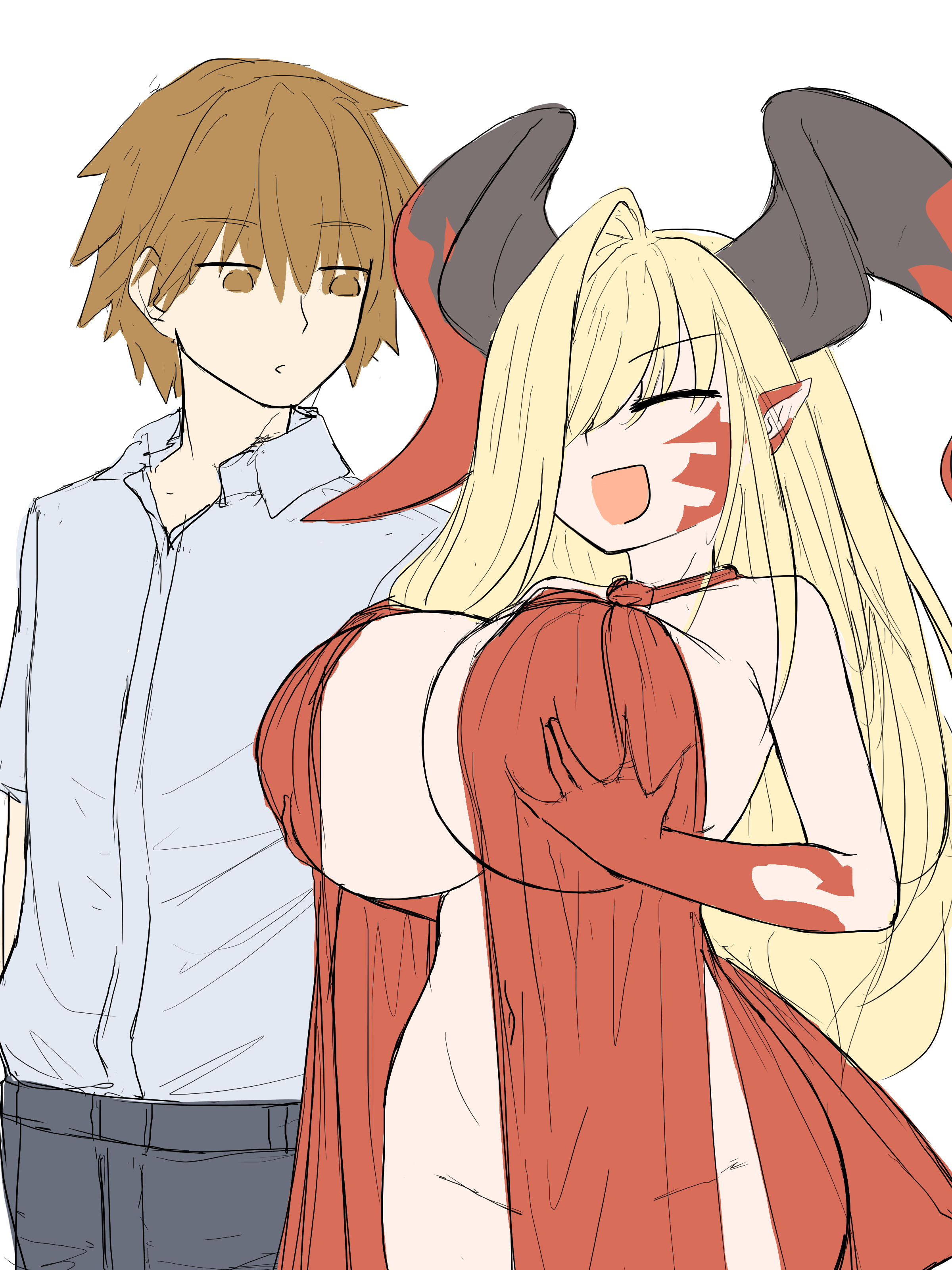 steamingtofu, kishinami hakuno (male), nero claudius (fate), queen draco (fate), queen draco (first ascension) (fate), queen draco (third ascension) (fate), fate/grand order, fate (series), absurdres, commentary, english commentary, highres, 1boy, 1girl, bare shoulders, blonde hair, breasts, brown eyes, brown hair, closed eyes, cosplay, dragon horns, dress, grabbing own breast, hair over one eye, horns, large breasts, long hair, looking at another, navel, no panties, open mouth, pointy ears, queen draco (fate) (cosplay), red dress, revealing clothes, scales, self cosplay, short hair, simple background, white background