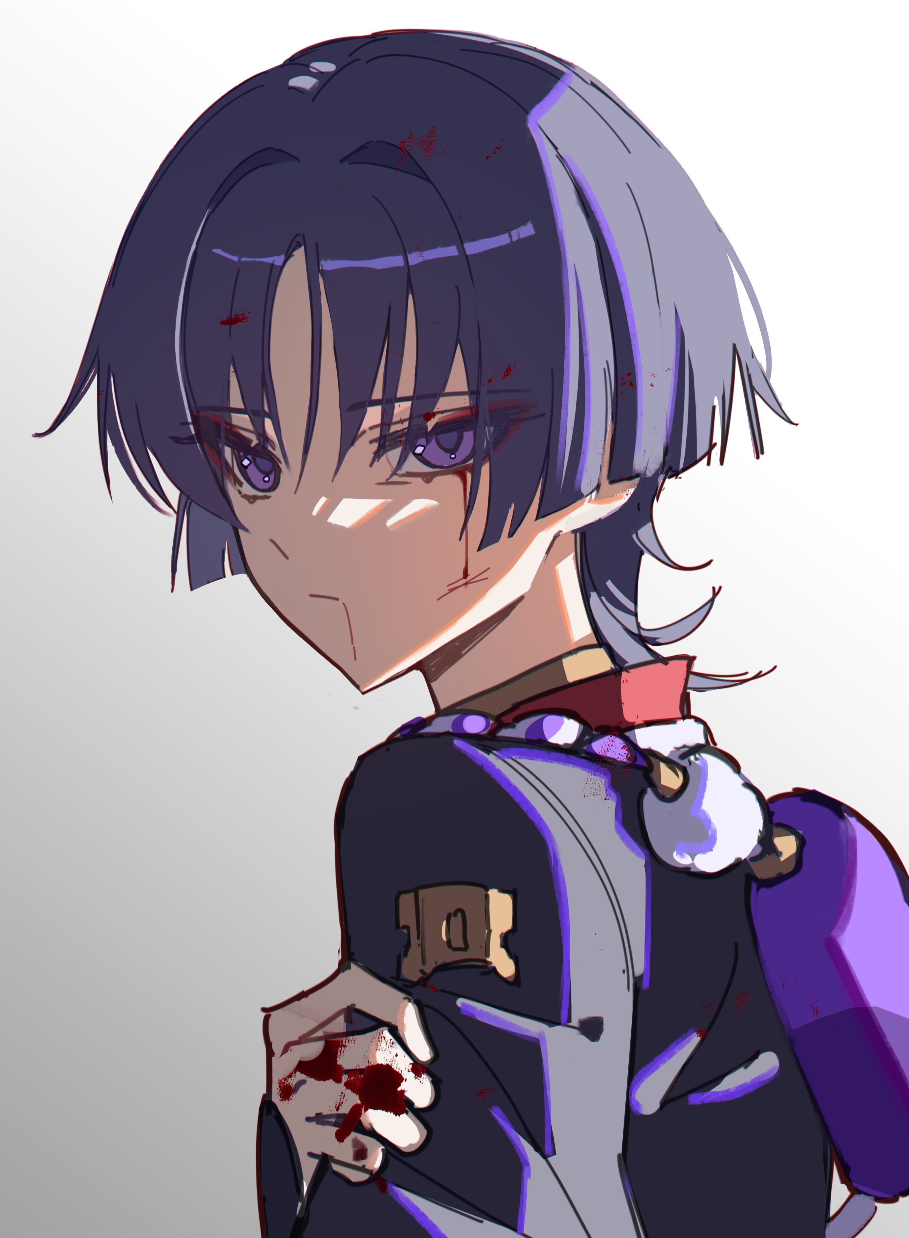 miaoyeza233, scaramouche (genshin impact), genshin impact, absurdres, highres, 1boy, black kimono, black sleeves, blood, blood in hair, blood on face, blood on hands, bloody tears, blunt ends, collar, expressionless, eyeliner, eyeshadow, from side, gold, hair intakes, hand on own arm, japanese clothes, jewelry, kimono, looking at viewer, makeup, male focus, neck ring, pom pom (clothes), purple bag, purple eyes, purple hair, purple rope, red collar, red eyeliner, red eyeshadow, rope, shimenawa, solo, tsurime, white background, white rope, wispy bangs