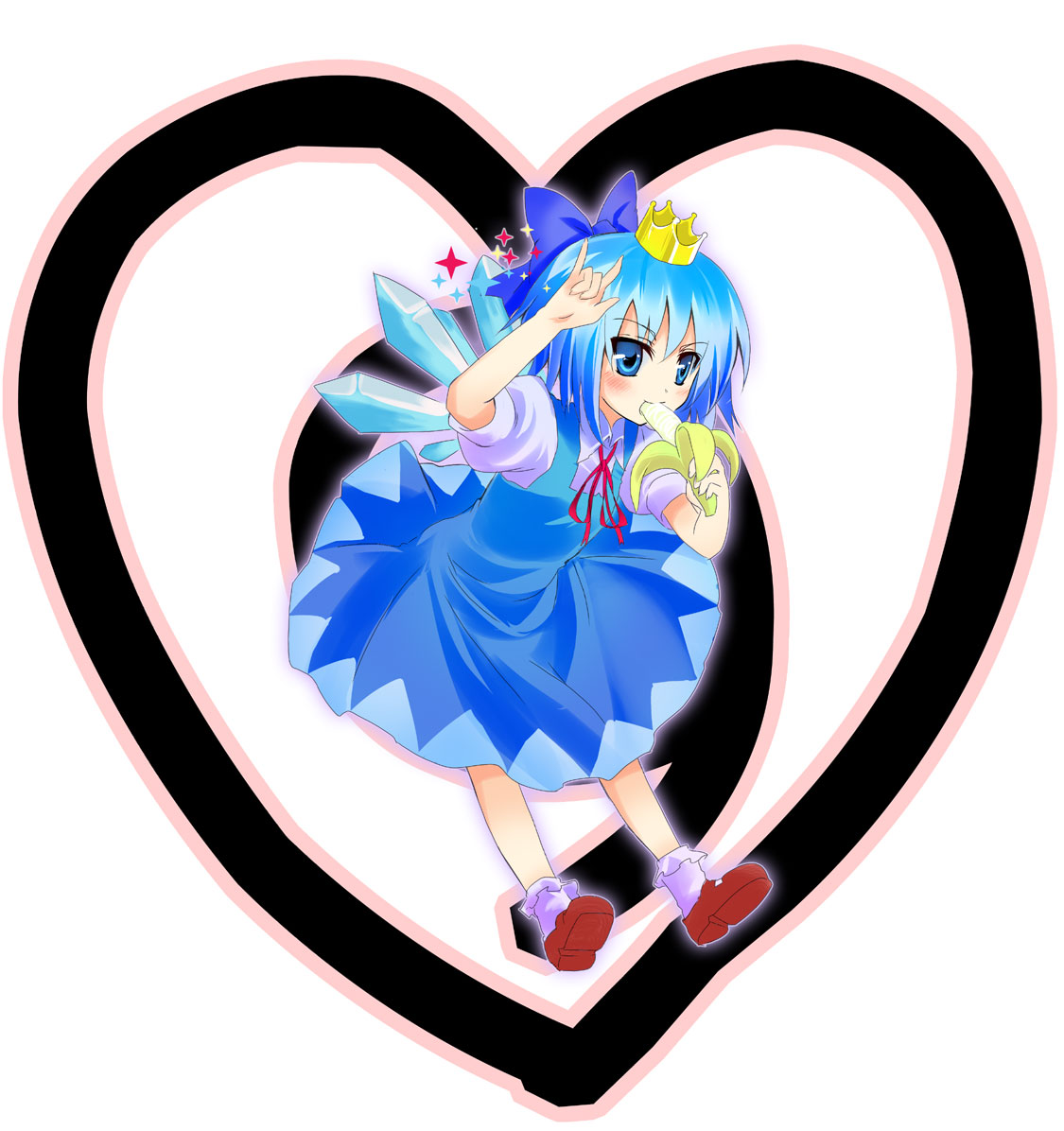 gotyou, cirno, phantasmagoria of flower view, touhou, bad id, bad pixiv id, 1girl, m/, banana, eating, female focus, food, fruit, holding, holding food, holding fruit, solo