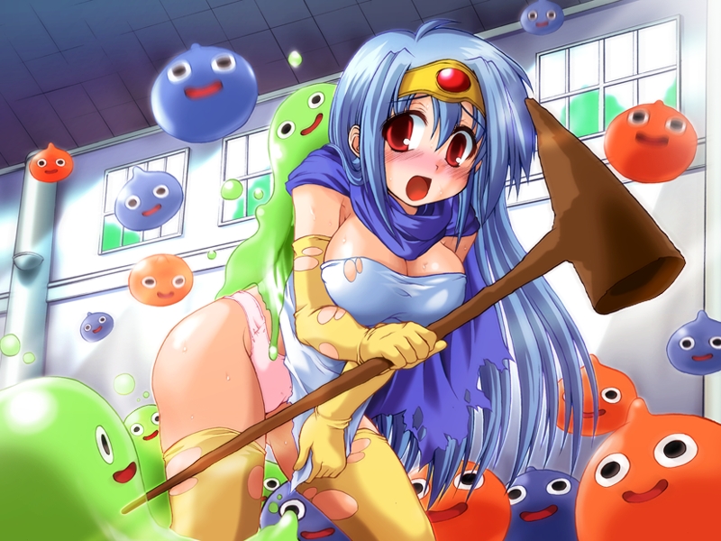 splush wave, bubble slime, sage (dq3), she-slime, slime (dragon quest), chunsoft, dragon quest, dragon quest iii, enix, torn legwear, game cg, non-web source, 1girl, :d, :o, black eyes, blue hair, blue skin, blush, breasts, cape, circlet, cleavage, colored skin, dress, elbow gloves, gem, gloves, green skin, hair between eyes, holding, imminent rape, indoors, jumping, large breasts, leaning forward, long hair, monster, motion blur, no bra, o o, open mouth, orange skin, panties, pink panties, red eyes, shirt, short dress, sideboob, skirt, skirt tug, smile, staff, standing, surprised, sweat, taut clothes, taut shirt, thighhighs, thighs, torn clothes, underwear, very long hair, weapon, window, yellow thighhighs, you gonna get raped