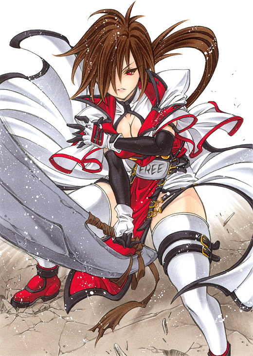bibyo, order-sol, order sol, sol badgal, sol badguy, arc system works, guilty gear, 1girl, breasts, brown hair, cleavage, cleavage cutout, clothing cutout, concrete, female focus, genderswap, genderswap (mtf), gloves, hair over one eye, large breasts, red eyes, solo, sword, thigh strap, thighhighs, weapon