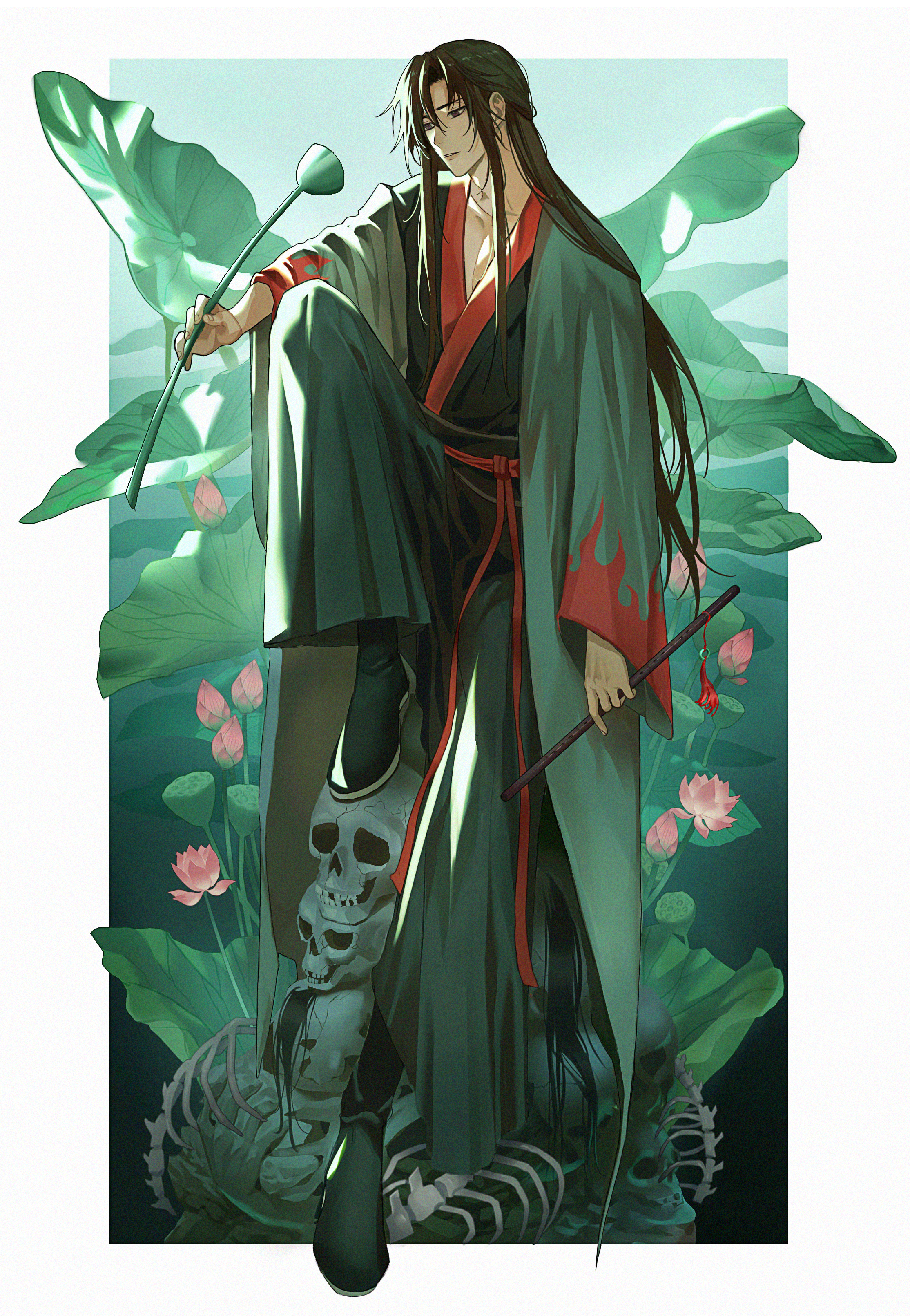 deer (deer423-81), wei wuxian, wei wuxian (yiling laozu), modao zushi, absurdres, chinese commentary, highres, 1boy, black boots, black hair, black hanfu, bone, boots, border, bud, chenqing flute, chinese clothes, coat, dizi, flower, flute, flute tassel, full body, grey coat, hair down, half updo, hanfu, holding, holding flute, holding instrument, holding plant, instrument, knee up, leaf, leg up, lily pad, long hair, long sleeves, looking at object, looking down, lotus, lotus leaf, lotus pod, male focus, official alternate costume, official alternate hairstyle, open clothes, open coat, parted lips, pink flower, plant, red eyes, red sash, robe, sash, sidelocks, sitting, skeleton, skull, solo, tassel, transverse flute, very long hair, water, wide sleeves
