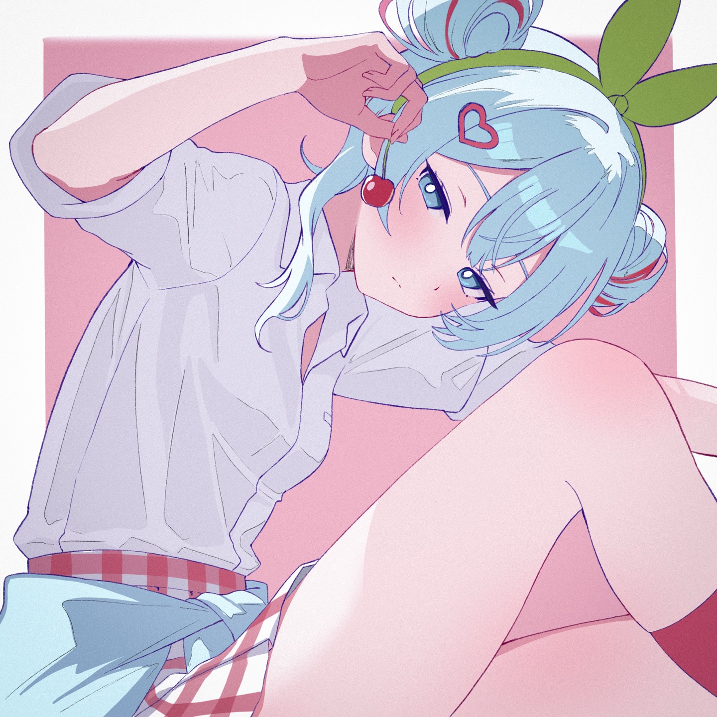 lumina (1umin4), hatsune miku, cherry pop (vocaloid), vocaloid, highres, 1girl, blue eyes, blue hair, blush, cherry, clothes around waist, double bun, food, fruit, green hairband, hair bun, hair ornament, hairband, heart, heart hair ornament, holding cherry, looking at viewer, multicolored hair, pink background, plaid clothes, plaid skirt, red hair, shirt, skirt, solo, streaked hair, sweater, sweater around waist, two-tone background, white background, white shirt