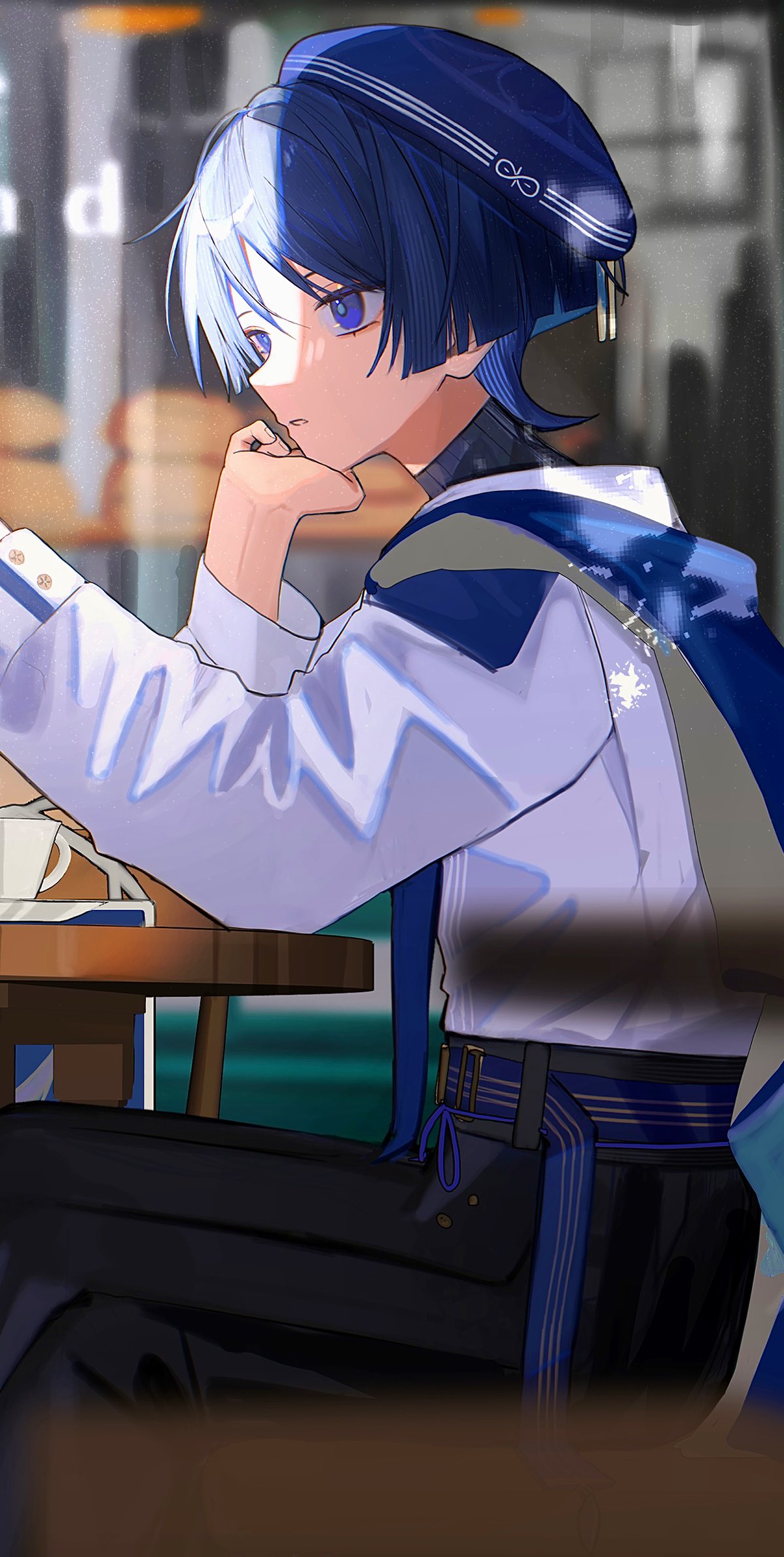 rtms, scaramouche (genshin impact), wanderer (genshin impact), wanderer (wanderer impression) (genshin impact), genshin impact, highres, 1boy, belt, beret, black pants, blue belt, blue hair, blue hat, blue shawl, blunt ends, blurry, casual, contemporary, depth of field, elbow rest, fingernails, from side, gold buckle, gold trim, hakama, hakama pants, hand on own chin, hat, head rest, japanese clothes, long sleeves, looking to the side, male focus, official alternate costume, pants, pleated pants, purple eyes, shawl, shirt, sideways mouth, sitting, solo, table, white mouth, white shirt, white sleeves, wispy bangs, wooden table