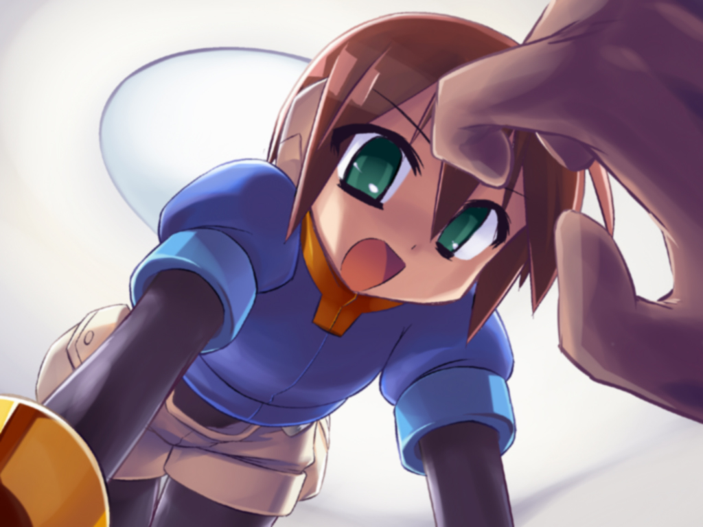 tomoshibi hidekazu, aile (mega man zx), mega man (series), mega man zx, 1girl, android, bent over, brown hair, green eyes, pantyhose, pantyhose under shorts, pov, short hair, shorts, solo focus