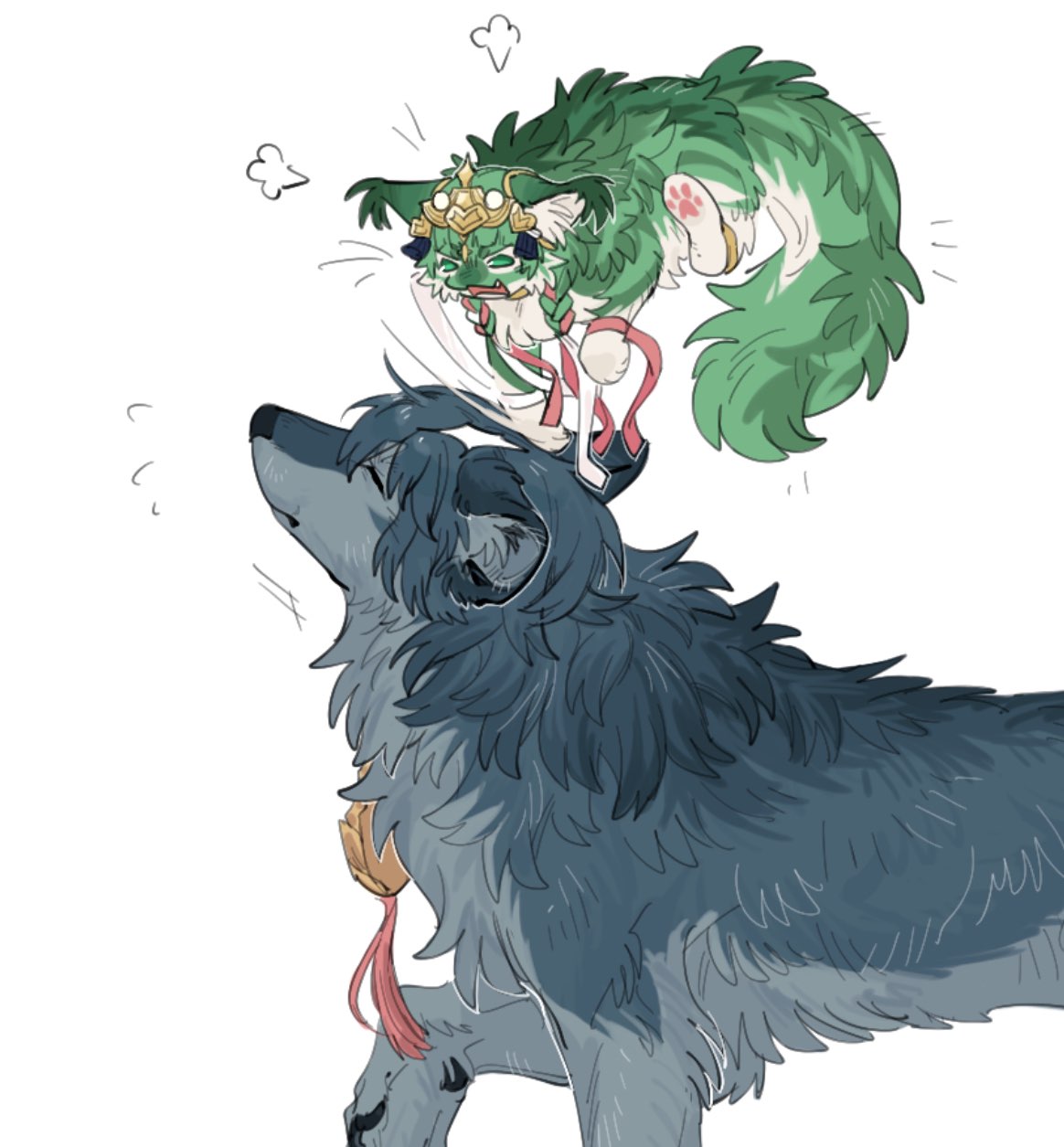 aaasakawa, female byleth (fire emblem), sothis (fire emblem), fire emblem, fire emblem: three houses, nintendo, highres, 2girls, animalization, blue fur, braid, cat, closed eyes, closed mouth, dog, floating, green eyes, green fur, hair ribbon, headpiece, multiple girls, open mouth, ribbon, ribbon braid, simple background, tail, tiara, twin braids, white background