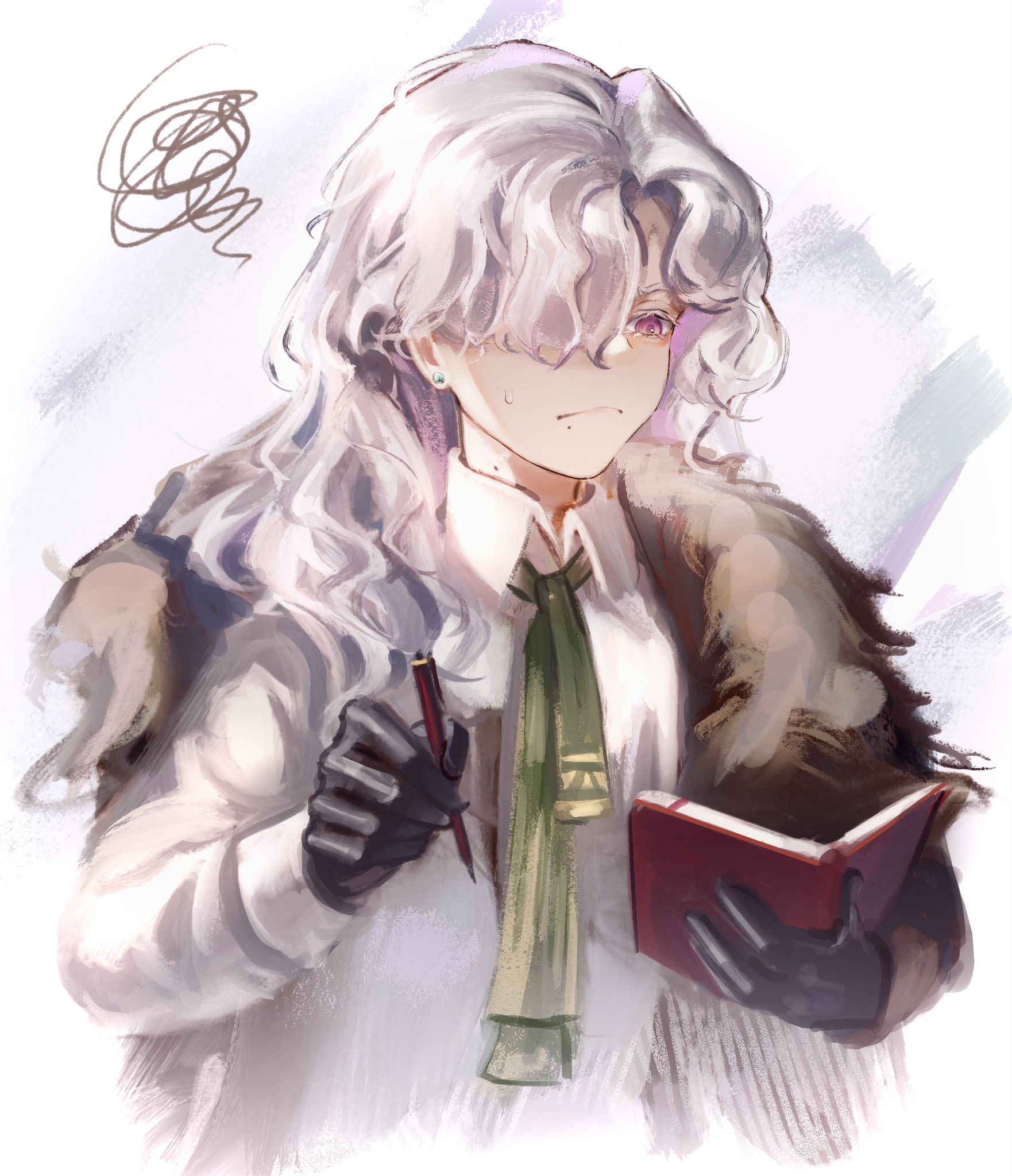 yuhel, windsong (reverse:1999), reverse:1999, highres, 1girl, black gloves, brown coat, closed mouth, coat, collared shirt, fur-trimmed coat, fur trim, gloves, green necktie, hair over one eye, hands up, holding, holding notebook, holding pen, long hair, necktie, notebook, one eye covered, pen, purple eyes, shirt, solo, squiggle, sweat, upper body, white background, white shirt