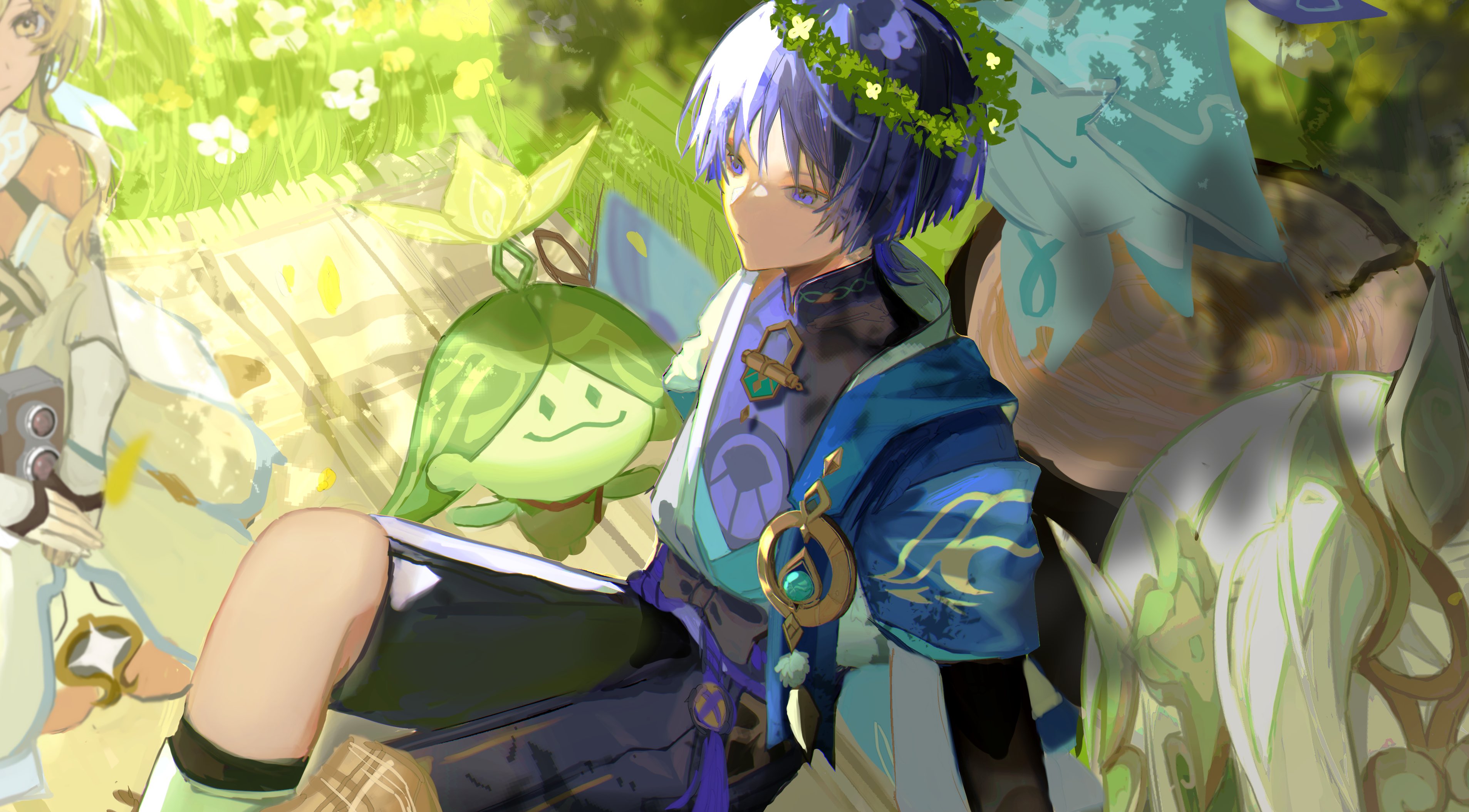 rtms, arama (genshin impact), aranara (genshin impact), ararycan (genshin impact), lumine (genshin impact), nahida (genshin impact), scaramouche (genshin impact), wanderer (genshin impact), genshin impact, absurdres, highres, 1boy, 2girls, alternate headwear, anemo symbol (genshin impact), arm at side, black bow, black shorts, blonde hair, blue sleeves, blue trim, blunt ends, bodysuit, bow, camera, closed mouth, clothing cutout, detached sleeves, dress, eyeliner, eyeshadow, feather hair ornament, feathers, fingernails, gold, green hair, hair ornament, hakama, hakama shorts, halterneck, head wreath, hip vent, japanese clothes, looking at another, makeup, multicolored hair, multiple girls, outdoors, own hands together, picnic blanket, pom pom (clothes), purple bodysuit, purple eyes, purple hair, purple rope, red eyeliner, red eyeshadow, rope, scarf, seiza, short hair, short hair with long locks, short sleeves, shorts, shoulder peek, side ponytail, sidelocks, sitting, smile, streaked hair, tree stump, vambraces, vision (genshin impact), white dress, white feathers, white hair, white scarf, white sleeves, wispy bangs, yellow eyes, yellow feathers