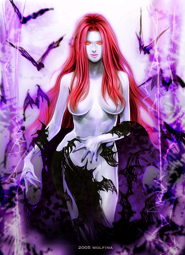 wolfina, nevan, capcom, devil may cry, devil may cry (series), devil may cry 3, lowres, 00s, 1girl, animal, bat (animal), breasts, collarbone, cowboy shot, female focus, long hair, monster girl, nude, pale skin, red hair, sidelocks, solo, standing, very long hair