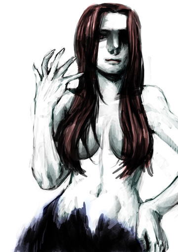 kotatsu (g-rough), nevan, capcom, devil may cry, devil may cry (series), devil may cry 3, 00s, 1girl, breasts, cleavage, cowboy shot, female focus, hand on own hip, looking at viewer, navel, nude, pale skin, shaded face, simple background, solo, stomach, white background