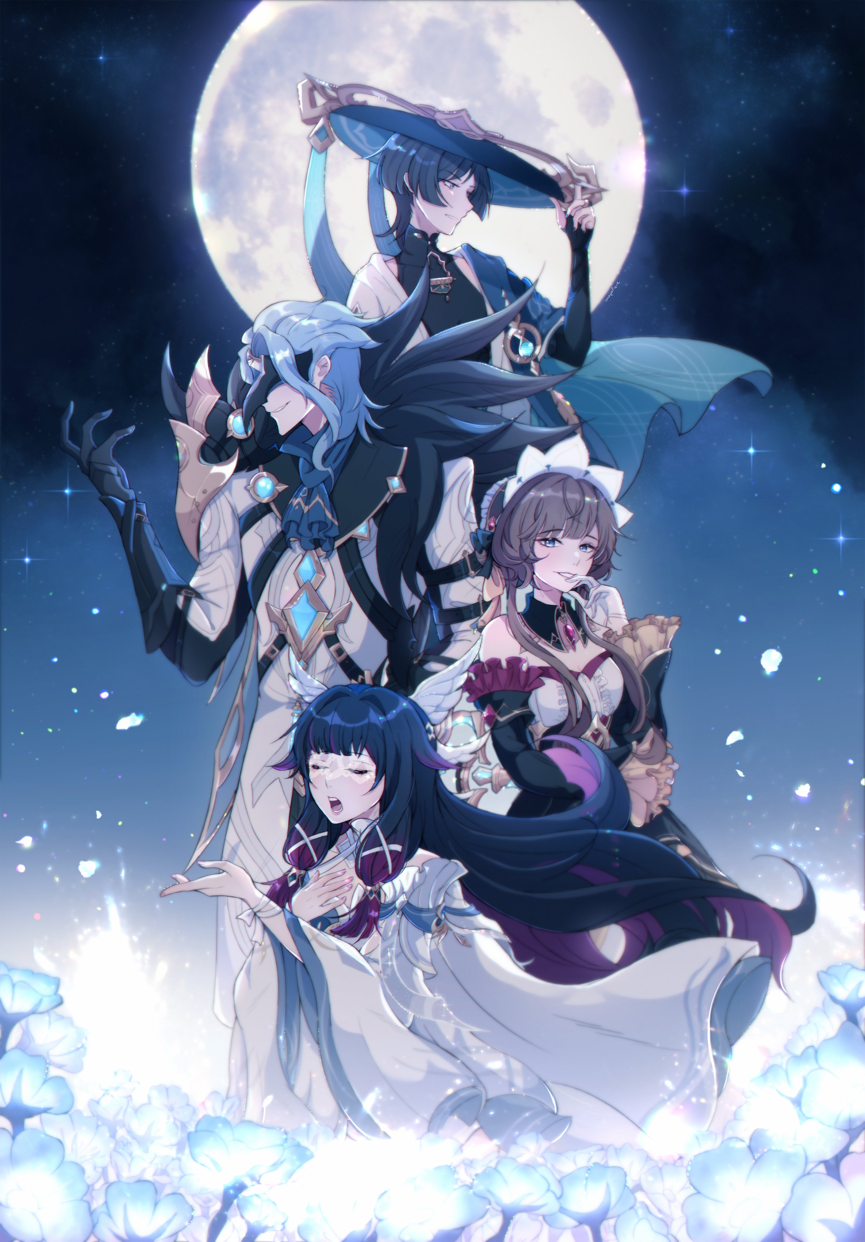 columbina (genshin impact), dottore (genshin impact), sandrone (genshin impact), scaramouche (genshin impact), wanderer (genshin impact), genshin impact, absurdres, highres, 2boys, 2girls, anemo symbol (genshin impact), angel wings, armor, ascot, asymmetrical sleeves, belt, bird mask, black belt, black bodysuit, black bridal gauntlets, black collar, black dress, black gloves, black hair, black mask, black sleeves, blue ascot, blue cape, blue collar, blue eyes, blue flower, blue gemstone, blue hair, blue hat, blue sleeves, blunt bangs, blunt ends, bodysuit, bow, breasts, bridal gauntlets, brown hair, cape, chest belt, clear sky, cleavage, coat, collar, colored inner hair, covered collarbone, cowlick, curled fingers, detached collar, detached sleeves, diffraction spikes, dress, elbow gloves, eye mask, eyelashes, eyeliner, eyes visible through eyewear, eyeshadow, facing to the side, feathered wings, feathers, field, flower, flower field, frilled sleeves, frills, full moon, fur collar, furisode, gem, gloves, gold, gold ring, hair bow, hair intakes, hair ornament, hair ribbon, hair tubes, half gloves, hand on own chest, hand up, hat, head wings, headdress, height difference, high collar, japanese armor, japanese clothes, jingasa, kimono, kote, kurokote, layered sleeves, lipgloss, long hair, looking at viewer, makeup, mandarin collar, mask, middle ring, moon, moonlight, multicolored hair, multiple boys, multiple girls, nyympha, open clothes, open kimono, open mouth, outdoors, pink lips, pink nails, pom pom (clothes), purple hair, purple nails, red eyeliner, red eyeshadow, red gemstone, ribbon, short hair, short hair with long locks, short sleeves, shoulder peek, sidelocks, sideways mouth, sky, smirk, star (sky), starry sky, swept bangs, teeth, tilted headwear, tress ribbon, tsurime, underbust, vambraces, very long hair, vision (genshin impact), white bow, white coat, white collar, white dress, white gloves, white kimono, white mask, white mouth, white ribbon, white sleeves, white trim, white wings, wing hair ornament, wings, yellow bow, yellow feathers