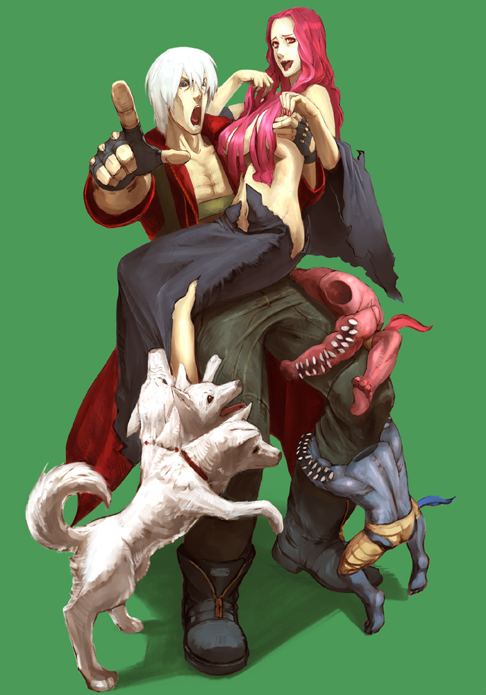 kurohachi, agni (devil may cry), cerberus, dante (devil may cry), nevan, capcom, devil may cry, devil may cry (series), devil may cry 3, bad id, bad pixiv id, 00s, 1boy, 1girl, boots, breasts, breasts squeezed together, demon, dog, fingerless gloves, gloves, grabbing another's breast, groping, hetero, hug, long hair, monster, multiple heads, pet, pointing, red hair, rudra (devil may cry), short hair, topless female, underboob, vampire, white hair