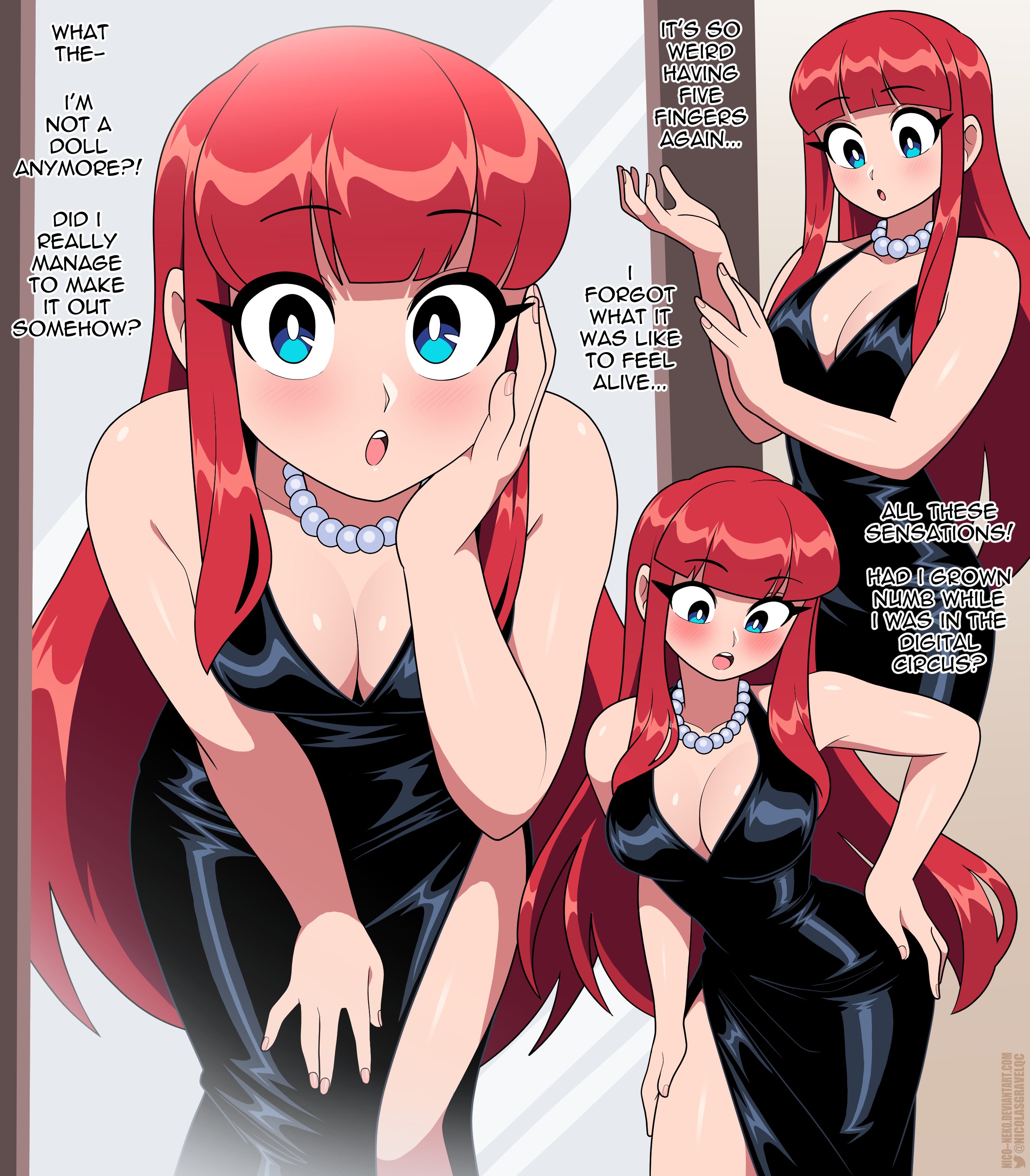 nico-neko, ragatha (the amazing digital circus), the amazing digital circus, absurdres, commentary, english commentary, highres, 1girl, artist name, black dress, blue eyes, blush, breasts, cleavage, dress, english text, hand on own hip, jewelry, large breasts, long hair, looking at mirror, mirror, multiple views, necklace, open mouth, pearl necklace, red hair, sidelocks, solo, speech bubble, twitter username
