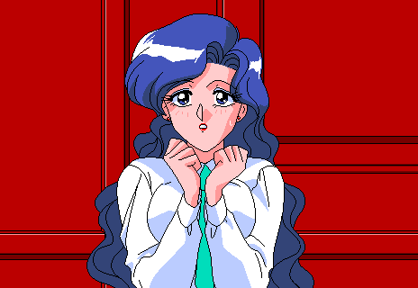 nakajima atsuko, yumika (animahjong), animahjong, animahjong v3, viper (series), aliasing, animated, animated gif, lowres, 1girl, blue eyes, blue hair, bra, breasts, cutscene, female focus, garter belt, garter straps, indoors, large breasts, long hair, looking at viewer, matching hair/eyes, panties, pixel art, solo, thighhighs, underwear, undressing, video game screencap