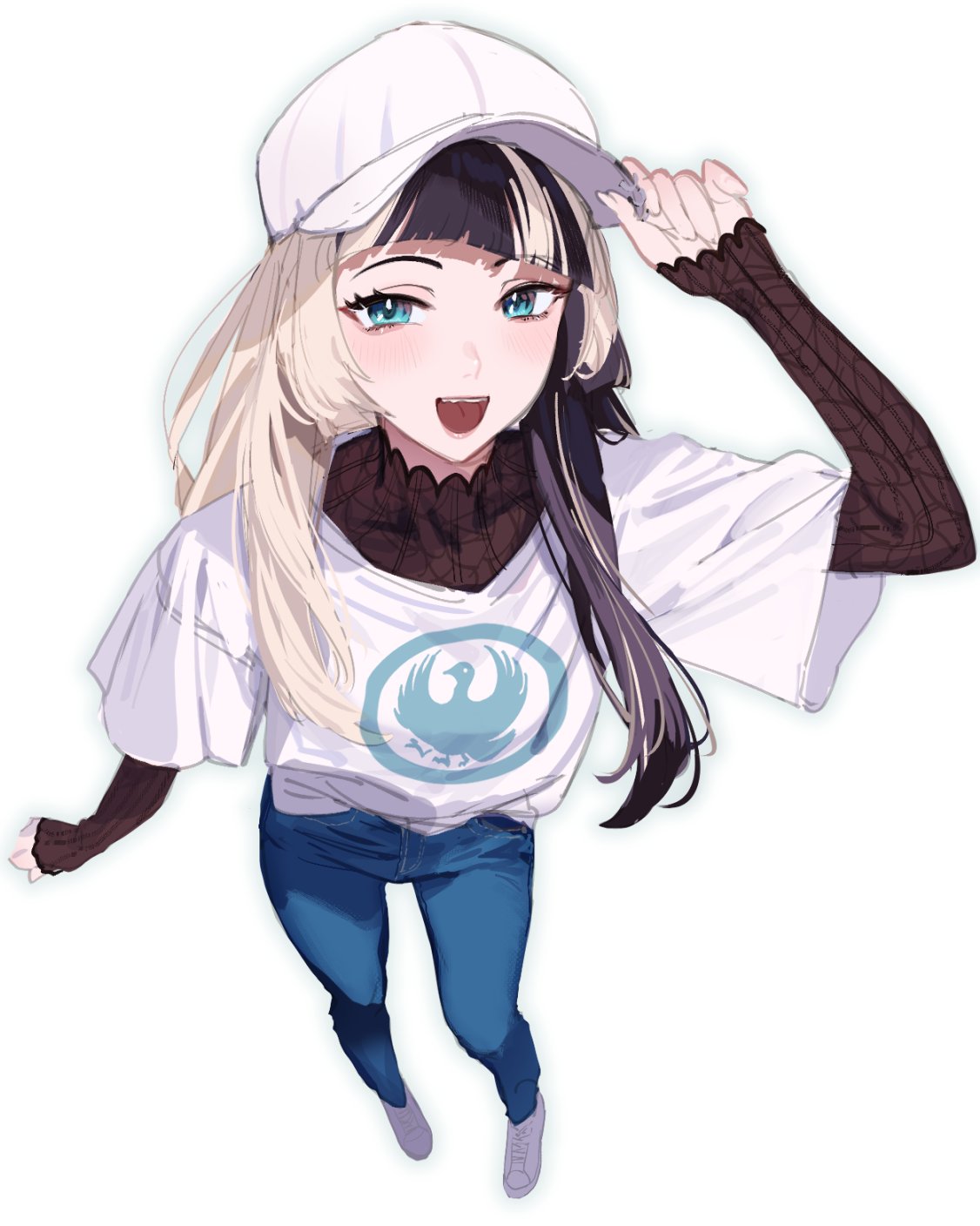 murechika, juufuutei raden, hololive, hololive dev is, commentary, highres, symbol-only commentary, 1girl, adjusting clothes, adjusting headwear, alternate costume, baseball cap, black hair, black shirt, blonde hair, blue eyes, blue pants, blunt bangs, blush, breasts, denim, from above, full body, hat, jeans, lace, lace shirt, lace sleeves, long hair, looking at viewer, multicolored hair, open mouth, pants, shirt, shoes, simple background, sketch, sleeves past wrists, small breasts, smile, sneakers, solo, standing, streaked hair, two-tone hair, undershirt, virtual youtuber, white background, white hat, white shirt, white shoes