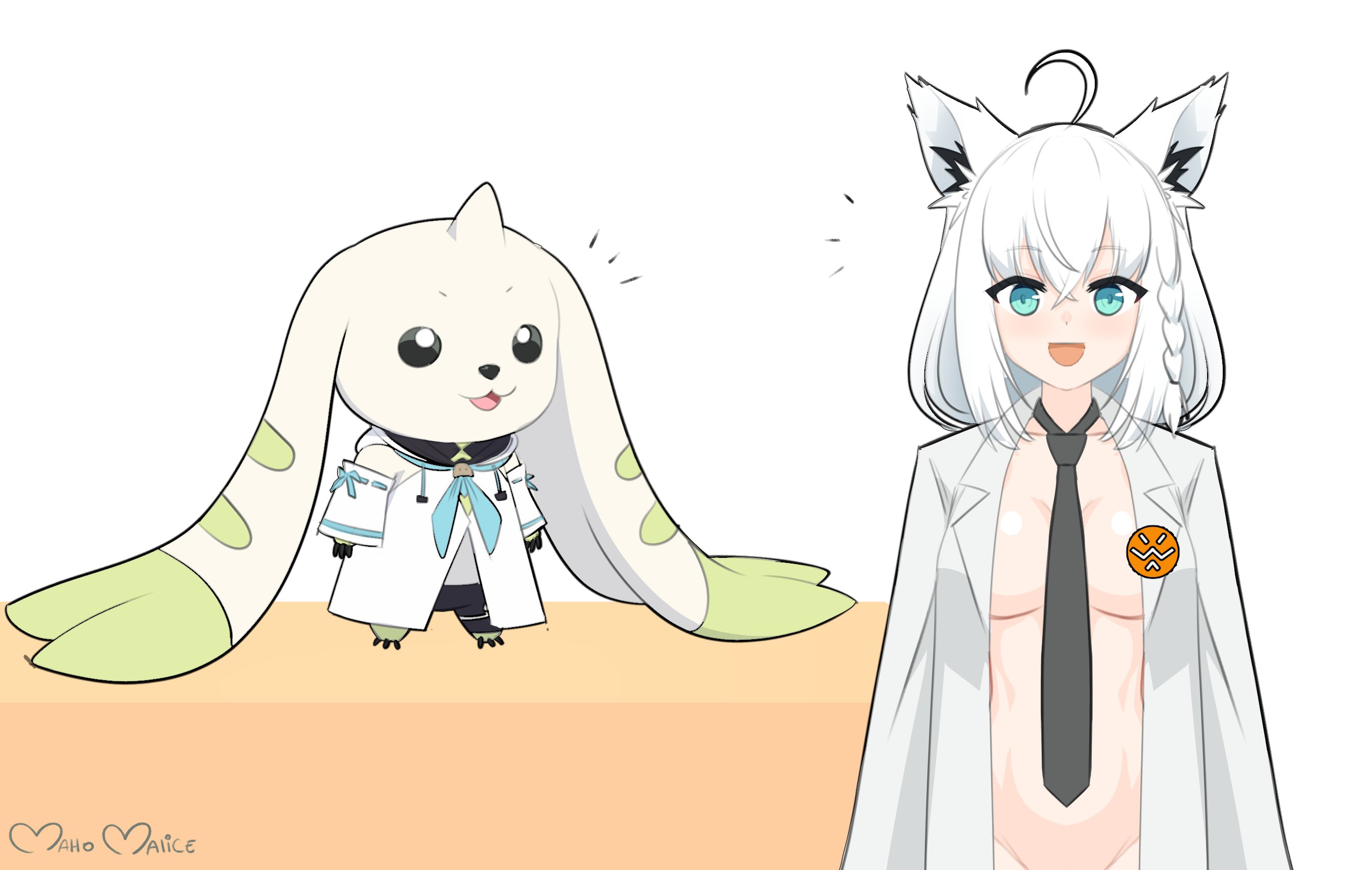 maho malice, shirakami fubuki, shirakami fubuki (1st costume), digimon, hololive, highres, 1girl, artist name, black necktie, blue eyes, bottomless, breasts, coat, cosplay, costume switch, digimon (creature), horns, lab coat, long hair, naked coat, necktie, no shirt, shirakami fubuki (cosplay), simple background, single horn, standing, terriermon joshu, terriermon joshu (cosplay), upper body, virtual youtuber, white background, white hair