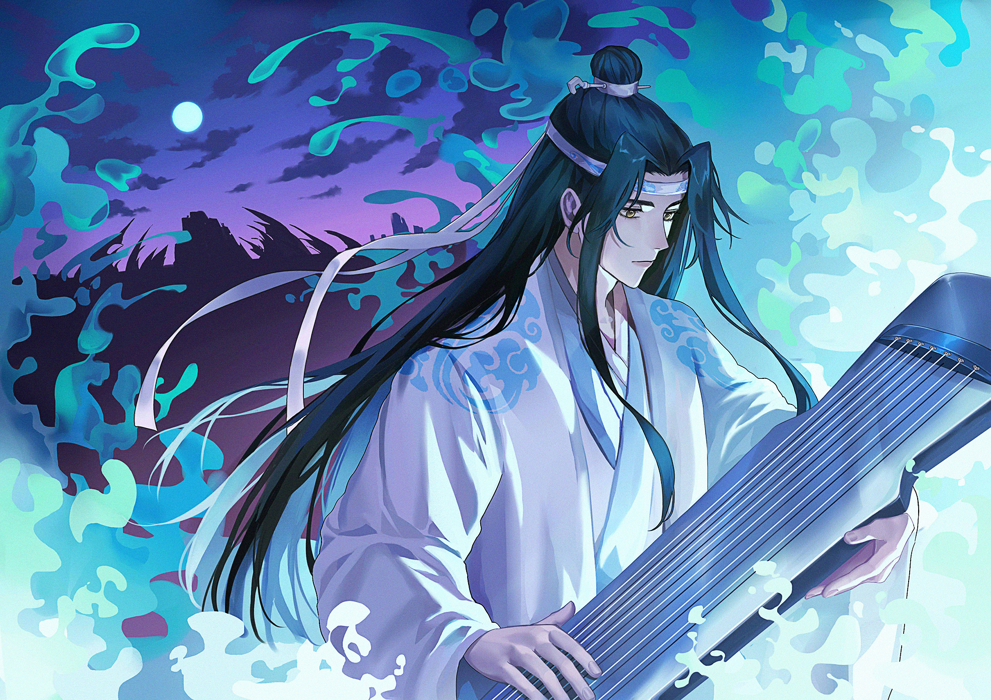 deer (deer423-81), lan wangji, modao zushi, commentary, english commentary, highres, 1boy, aura, bishounen, black hair, chinese clothes, closed mouth, full moon, guqin, hanfu, headband, holding, holding instrument, holding weapon, instrument, long hair, long sleeves, looking at object, looking down, male focus, moon, music, night, night sky, playing instrument, robe, sidelocks, sky, smile, solo, topknot, upper body, very long hair, wangji guqin, water, waves, weapon, white hanfu, white headband, wide sleeves, xiao guan (headdress), yellow eyes