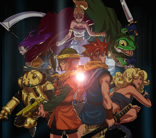ryo-ta.h, ayla (chrono trigger), crono (chrono trigger), frog (chrono trigger), lucca ashtear, magus (chrono trigger), marle (chrono trigger), robo (chrono trigger), chrono (series), chrono trigger, artist request, lowres, >:d, 1990s (style), 2boys, 3girls, :d, backlighting, bare shoulders, belt, bike shorts, black-framed eyewear, black shorts, blonde hair, blue eyes, blue gloves, bracelet, breasts, cape, cleavage, closed mouth, collar, collarbone, colored sclera, cowboy shot, creature, dark-skinned male, dark skin, epic, expressionless, gloves, green eyes, gun, helmet, holding, holding gun, holding sword, holding weapon, jewelry, lens flare, long hair, long sleeves, looking at viewer, medium breasts, multiple boys, multiple girls, open mouth, orange scarf, pale skin, pants, pointy ears, ponytail, purple hair, red cape, red hair, retro artstyle, robot, scabbard, scarf, scythe, shaded face, sheath, sheathed, shiny skin, short hair, shorts, sideboob, smile, spiked hair, standing, strapless, sun, sunlight, sword, tongue, tube top, unsheathed, v-shaped eyebrows, weapon, white pants, yellow sclera