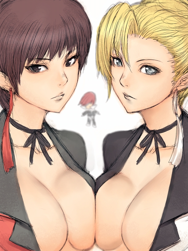 fumio (rsqkr), mature (kof), vice (kof), yagami iori, snk, the king of fighters, 1boy, 2girls, asymmetrical docking, black eyes, black hair, blonde hair, blue eyes, blurry, breast press, breasts, brown hair, chibi, choker, cleavage, depth of field, earrings, grey eyes, hair bun, jewelry, large breasts, looking at viewer, multiple girls, no bra, red hair, ribbon, ribbon choker, short hair, simple background, single earring, single hair bun, sketch, symmetrical docking, upper body, white background