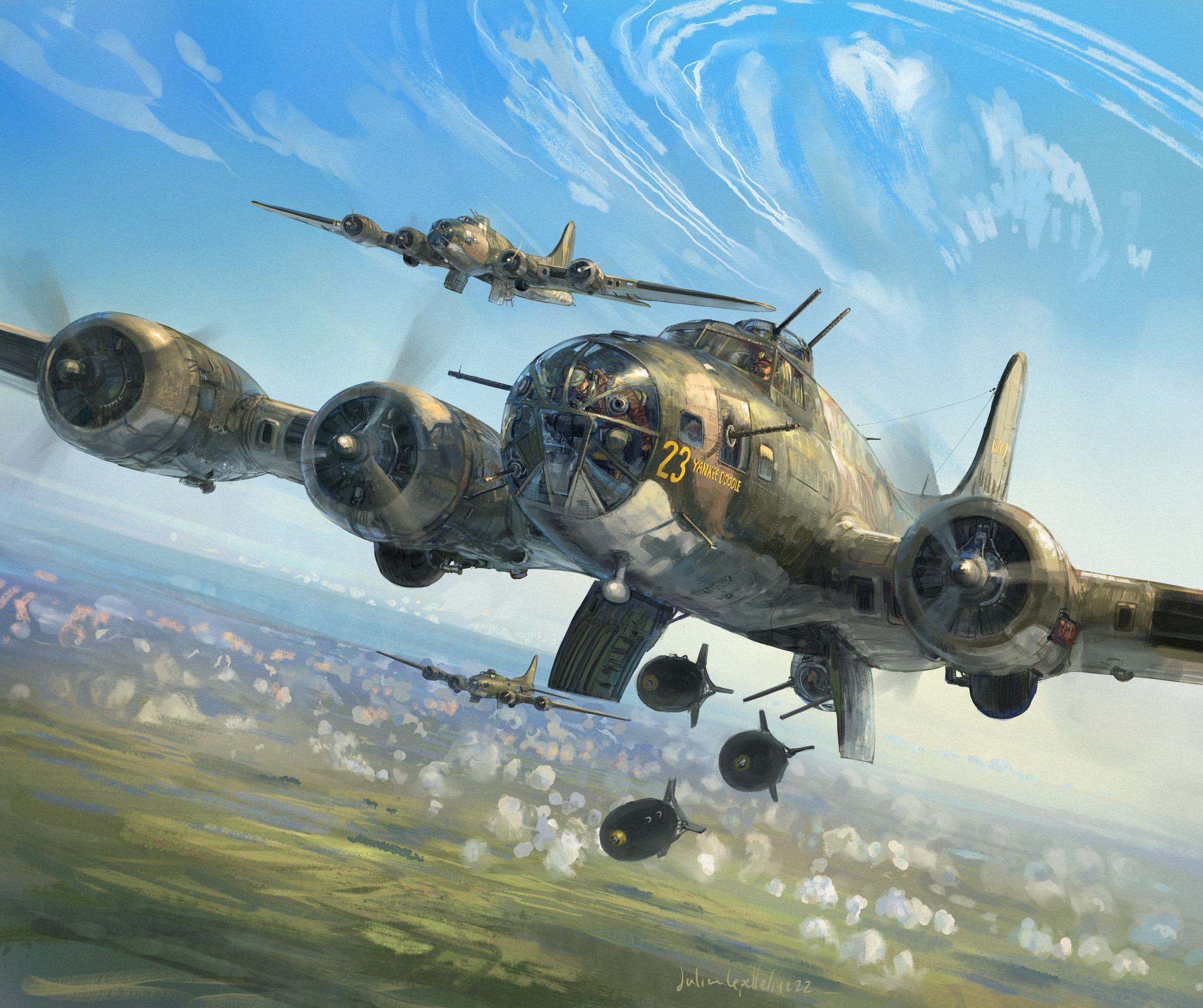 original, united states air force, united states army, commentary, english commentary, highres, making-of available, aerial bomb, aircraft, aircraft turret, airplane, artist name, b-17 flying fortress, ball turret, blue sky, bomb, bomber, browning m2, cloud, contrail, explosive, flying, gun, heavy machine gun, julien lepelletier, machine gun, male focus, military, military vehicle, multiple boys, nose art, outdoors, propeller, scenery, signature, sky, vehicle focus, weapon, world war ii