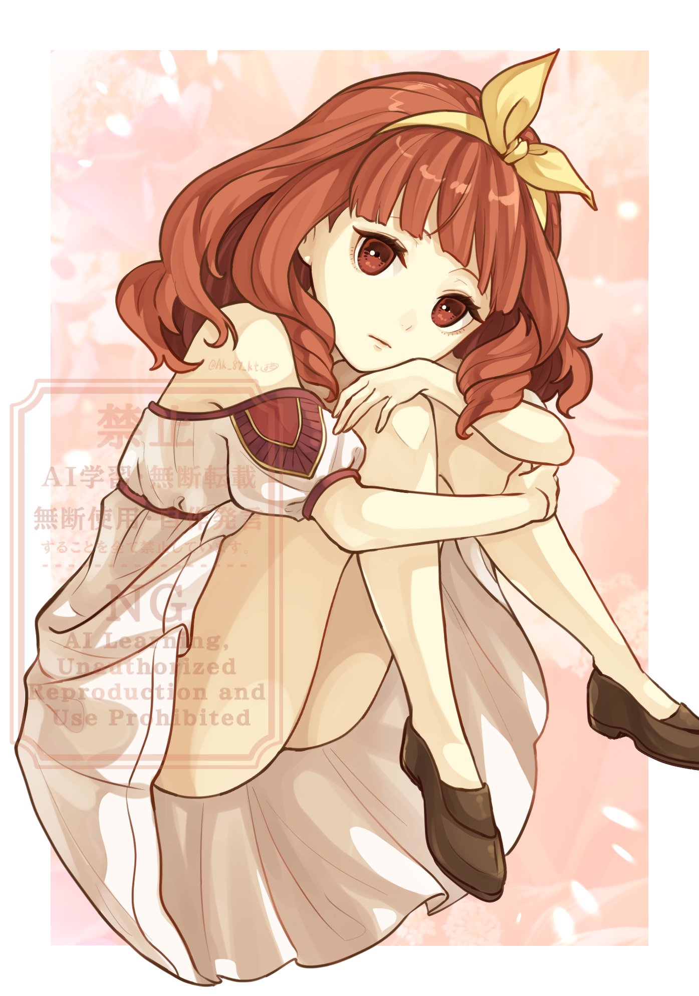 ak 87 kt, celica (fire emblem), fire emblem, fire emblem echoes: shadows of valentia, nintendo, highres, 1girl, aged down, bare legs, bare shoulders, bow hairband, brown shoes, closed mouth, dress, hairband, hugging own legs, knees up, long hair, looking at viewer, red eyes, red hair, shoes, solo, white dress