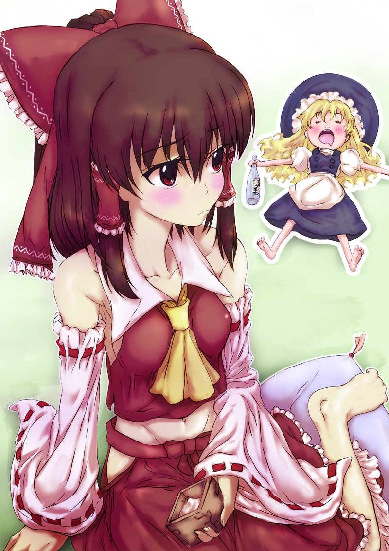 nanai, hakurei reimu, kirisame marisa, touhou, bad id, bad pixiv id, 2girls, blonde hair, brown hair, drunk, female focus, gradient background, hat, japanese clothes, long hair, miko, multiple girls, navel, ribbon, skirt, sleeping, white background