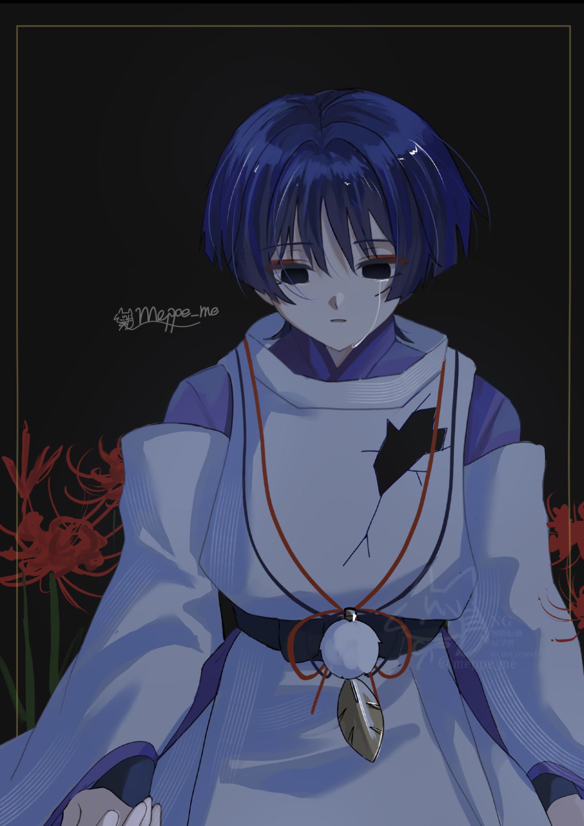 meppe me, scaramouche (genshin impact), scaramouche (kabukimono) (genshin impact), genshin impact, highres, 1boy, arms at sides, artist name, black background, black bow, black eyes, black sash, blunt ends, border, bow, clothing cutout, empty eyes, eyeliner, eyeshadow, feathers, flower, hole in chest, hole on body, japanese clothes, kariginu, kimono, layered sleeves, long sleeves, looking down, makeup, male focus, parted lips, pom pom (clothes), purple hair, purple kimono, purple sleeves, red eyeliner, red eyeshadow, red flower, sash, shoulder cutout, solo, spider lily, string, tears, upper body, white sleeves, wispy bangs, yellow border, yellow feathers