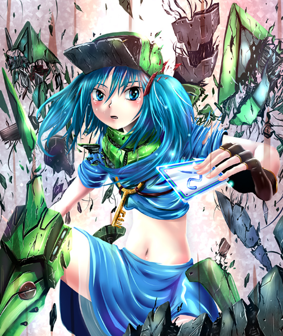 kabutoyama, kawashiro nitori, touhou, 1girl, armor, armored dress, blue hair, card, dress, female focus, hat, holding, holding card, midriff, navel, power armor, science fiction, short hair, solo, twintails, two side up