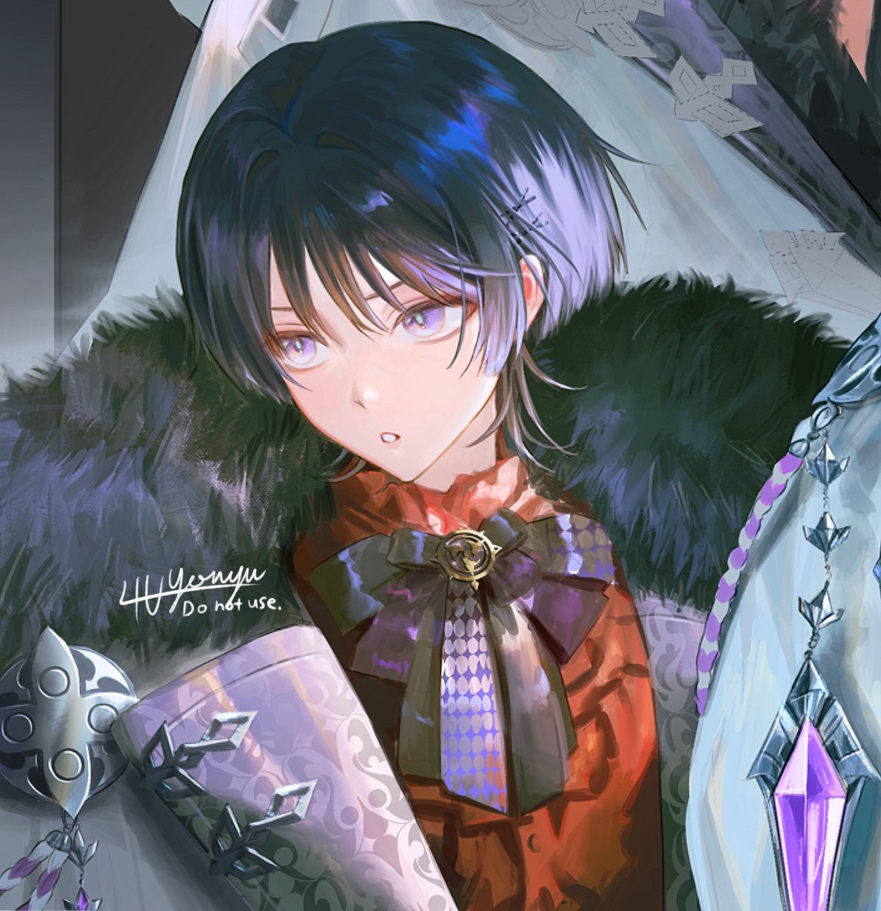 4the2ofus, scaramouche (genshin impact), genshin impact, highres, 1boy, aiguillette, black hair, black ribbon, blunt ends, coat, crystal, dress shirt, eyeliner, eyeshadow, fatui coat, fatui logo, fur collar, gem, hair ornament, hairclip, lapels, looking to the side, makeup, male focus, open clothes, open coat, open mouth, portrait, purple eyes, purple gemstone, purple rope, red eyeliner, red eyeshadow, red shirt, ribbon, rope, shimenawa, shirt, signature, solo, tsurime, undershirt, white coat, white mouth, white rope, winter clothes, winter coat, wispy bangs, x hair ornament