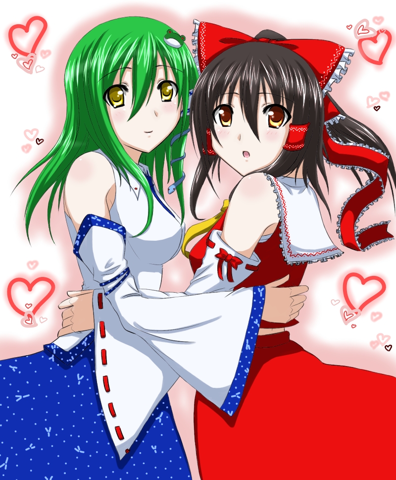 kaguyahime, hakurei reimu, kochiya sanae, touhou, 2girls, :d, blush, bow, brown eyes, brown hair, detached sleeves, female focus, frog hair ornament, green eyes, green hair, hair bow, hair ornament, hair tubes, heart, hug, japanese clothes, long sleeves, looking at viewer, miko, multiple girls, nontraditional miko, open mouth, pink background, ponytail, red bow, ribbon-trimmed sleeves, ribbon trim, simple background, smile, tareme