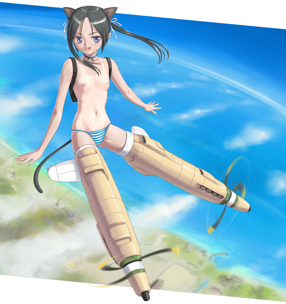 rasukaru, francesca lucchini, strike witches, world witches series, 00s, 1girl, animal ears, black hair, blue eyes, blush, breasts, female focus, flat chest, flying, loli, navel, nipples, one-piece tan, panties, petite, solo, striker unit, striped clothes, striped panties, tail, tan, tanline, topless female, twintails, underwear