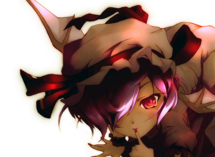 mefix, remilia scarlet, touhou, bad id, bad pixiv id, 1girl, female focus, hat, nail polish, red nails, ribbon, short hair, solo, wings