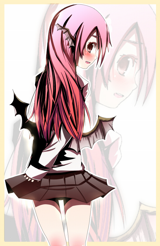 ryouma (galley), koakuma, embodiment of scarlet devil, touhou, bad id, bad pixiv id, 1girl, bare legs, bat wings, blush, border, brown eyes, female focus, from behind, head wings, long hair, long sleeves, looking back, multicolored hair, pink hair, pleated skirt, red hair, skirt, sleeves past wrists, solo, standing, wings, zoom layer