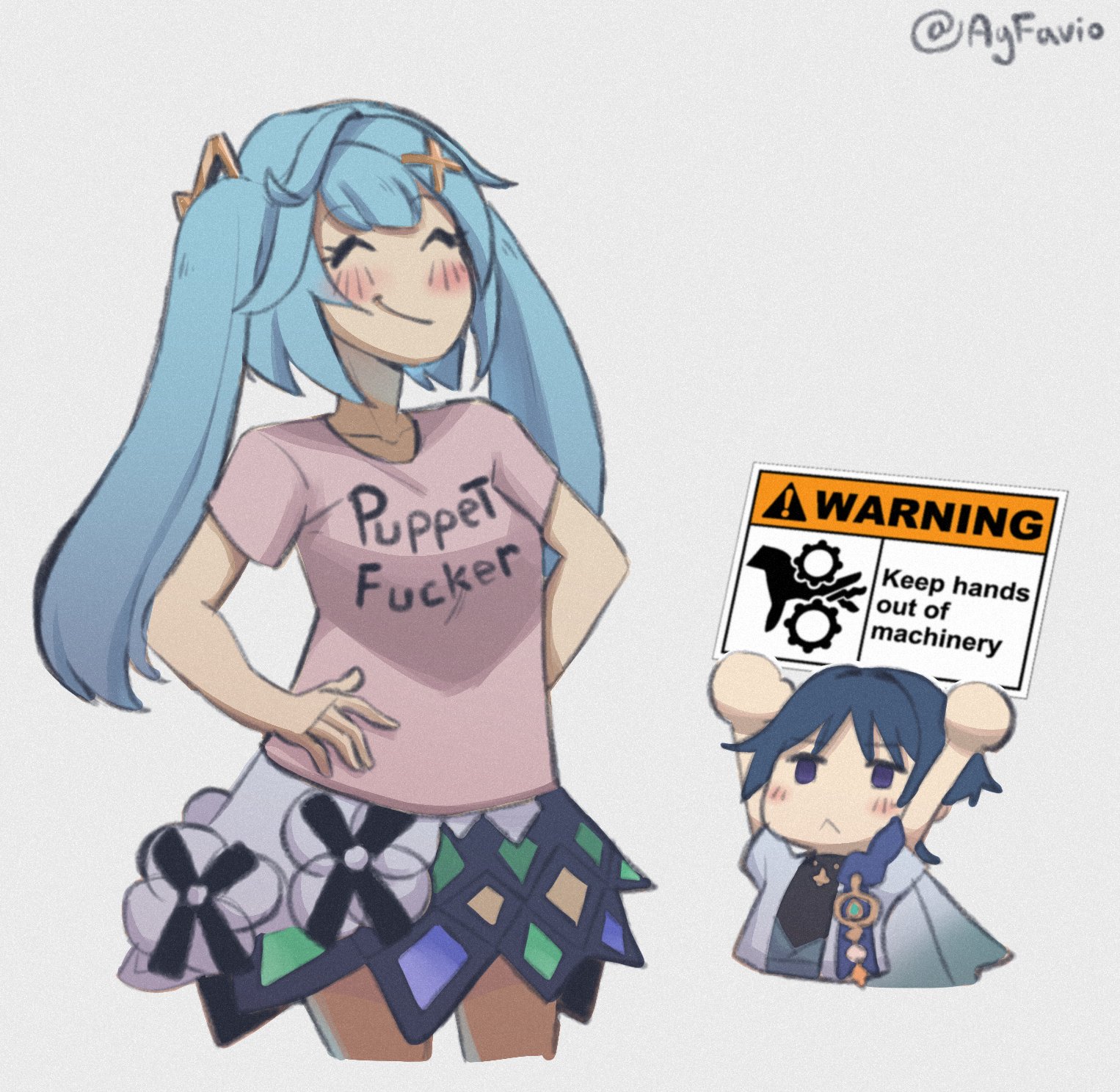 agfavio, faruzan (genshin impact), scaramouche (genshin impact), wanderer (genshin impact), genshin impact, highres, 1boy, 1girl, alternate costume, aqua gemstone, arm behind back, arms up, black bodysuit, black hair, blue cape, blue hair, blunt bangs, blunt ends, blush, bodysuit, cape, casual, center-flap bangs, circle hands, closed mouth, collarbone, contemporary, diamond print, double-parted bangs, dress, dress under shirt, facing to the side, furisode, gears print, gem, gold, grey background, grey kimono, hair intakes, hair ornament, hand on own hip, hetero, holding, holding sign, japanese clothes, juban, kimono, long hair, looking at another, open clothes, open kimono, pink shirt, pink sleeves, pom pom (clothes), purple eyes, shirt, short sleeves, sign, smile, turtleneck, turtleneck bodysuit, twintails, twitter username, vision (genshin impact), warning sign, white dress, white kimono, white sleeves, x hair ornament