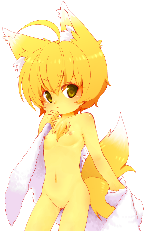 kiri futoshi, yakumo ran, touhou, bad id, bad pixiv id, 1girl, ahoge, animal ears, blonde hair, female focus, flat chest, fox ears, fox tail, furrification, furry, furry female, loli, nipples, pussy, solo, tail