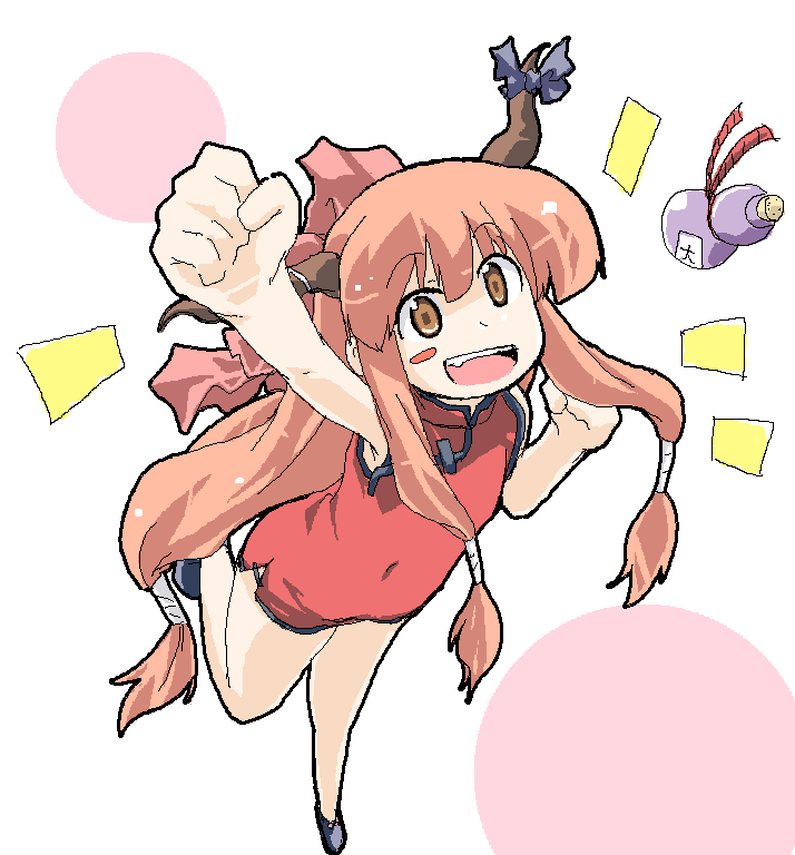 sasurai, ibuki suika, touhou, 1girl, china dress, chinese clothes, dress, female focus, full body, horns, long hair, ribbon, solo, white background