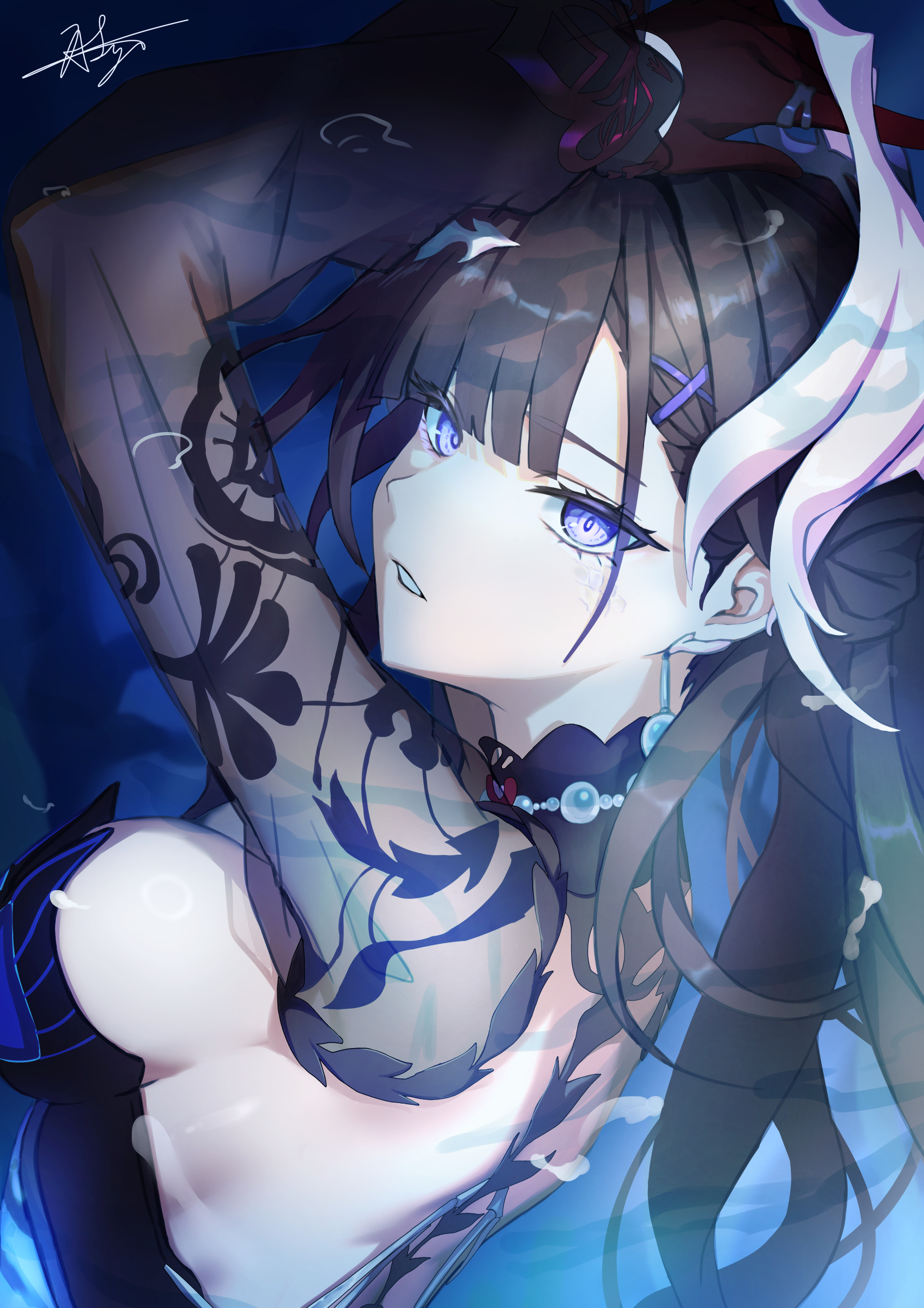 chaciooh, hysilens (honkai: star rail), honkai: star rail, honkai (series), absurdres, commentary request, highres, revision, 1girl, black hair, blue dress, blue eyes, breasts, dress, from side, hair ornament, large breasts, long hair, parted lips, shrug (clothing), sideboob, solo, upper body, very long hair