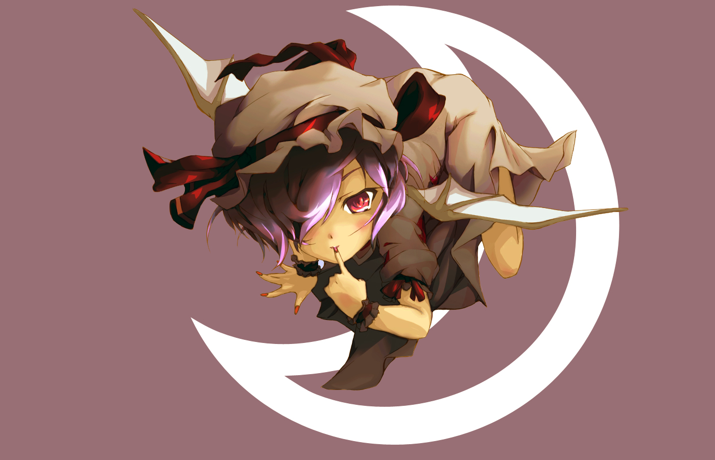 mefix, remilia scarlet, touhou, bad id, bad pixiv id, 1girl, arm garter, blush, brown dress, brown hat, crescent, dark-skinned female, dark skin, dress, female focus, finger to mouth, frills, full body, hair over one eye, hat, hat ribbon, looking at viewer, mob cap, nail polish, purple hair, red background, red eyes, red nails, red ribbon, ribbon, short hair, short sleeves, simple background, solo