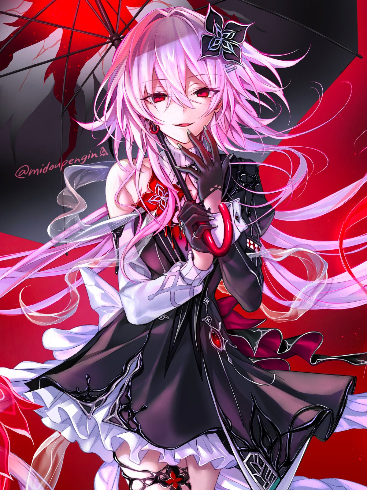 mintes, evernight (honkai: star rail), march 7th (honkai: star rail), honkai: star rail, honkai (series), highres, 1girl, black dress, breasts, cowboy shot, dress, long hair, purple eyes, red background, red eyes, simple background, single bare shoulder, solo, umbrella
