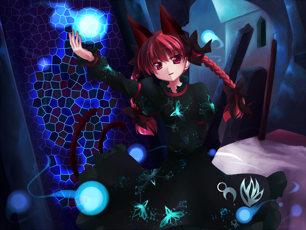 makino (ukiuo), kaenbyou rin, touhou, 1girl, animal ears, braid, dress, female focus, red eyes, red hair, solo, twin braids