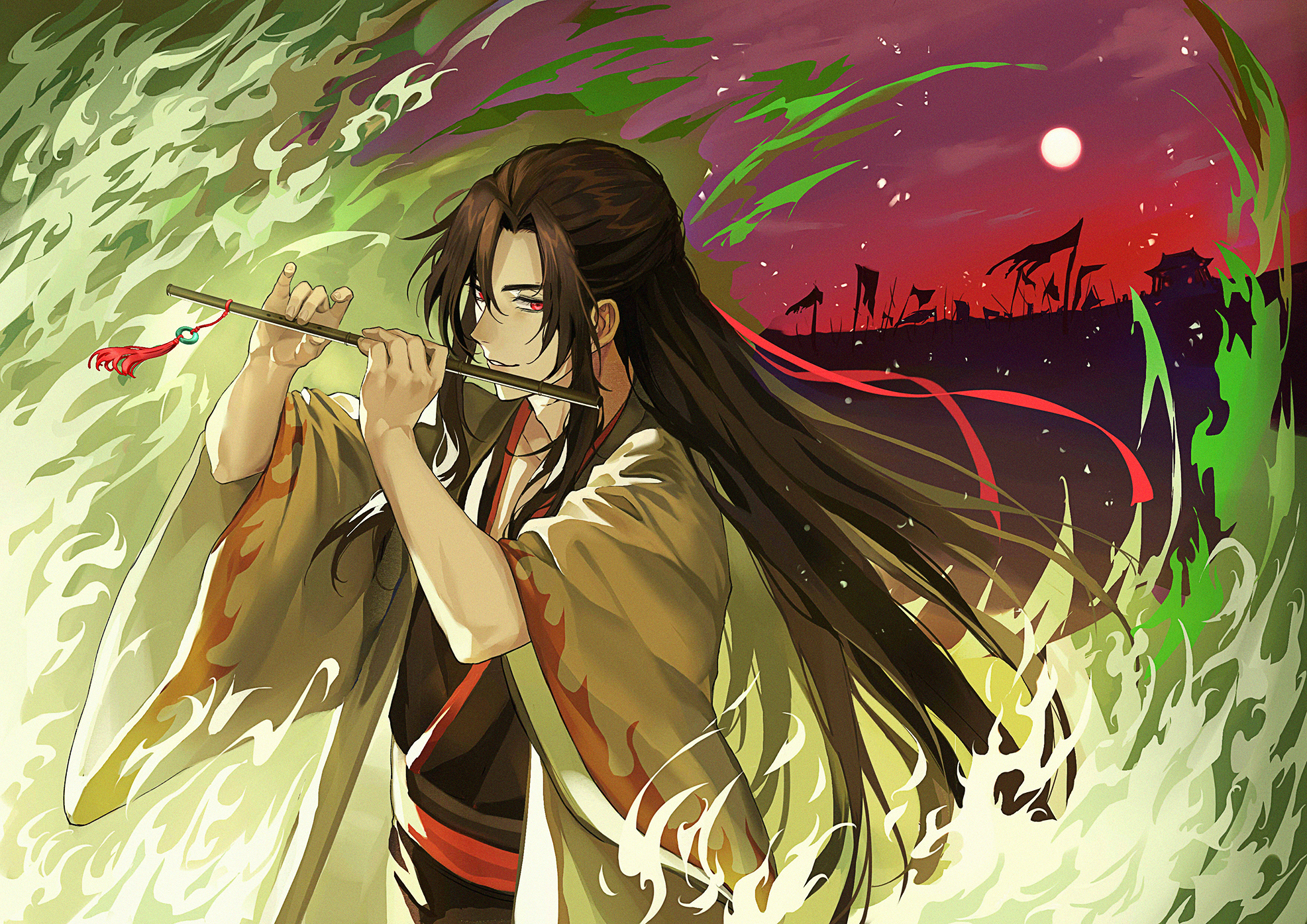 deer (deer423-81), wei wuxian, wei wuxian (yiling laozu), modao zushi, commentary, english commentary, highres, 1boy, aura, black hair, black hanfu, brown hair, chenqing flute, chinese clothes, cloud, coat, dizi, fighting stance, fire, flag, flute, flute tassel, full moon, green fire, grey coat, hair down, hair ribbon, half updo, hands up, hanfu, holding, holding flute, holding instrument, holding weapon, instrument, light particles, long hair, long sleeves, looking at viewer, male focus, moon, music, night, night sky, official alternate costume, official alternate hairstyle, open clothes, open coat, outdoors, parted lips, playing flute, playing instrument, red eyes, red ribbon, red sash, red sky, ribbon, robe, sash, sidelocks, sky, smile, solo, star (sky), starry sky, tassel, transverse flute, upper body, very long hair, weapon, wide sleeves