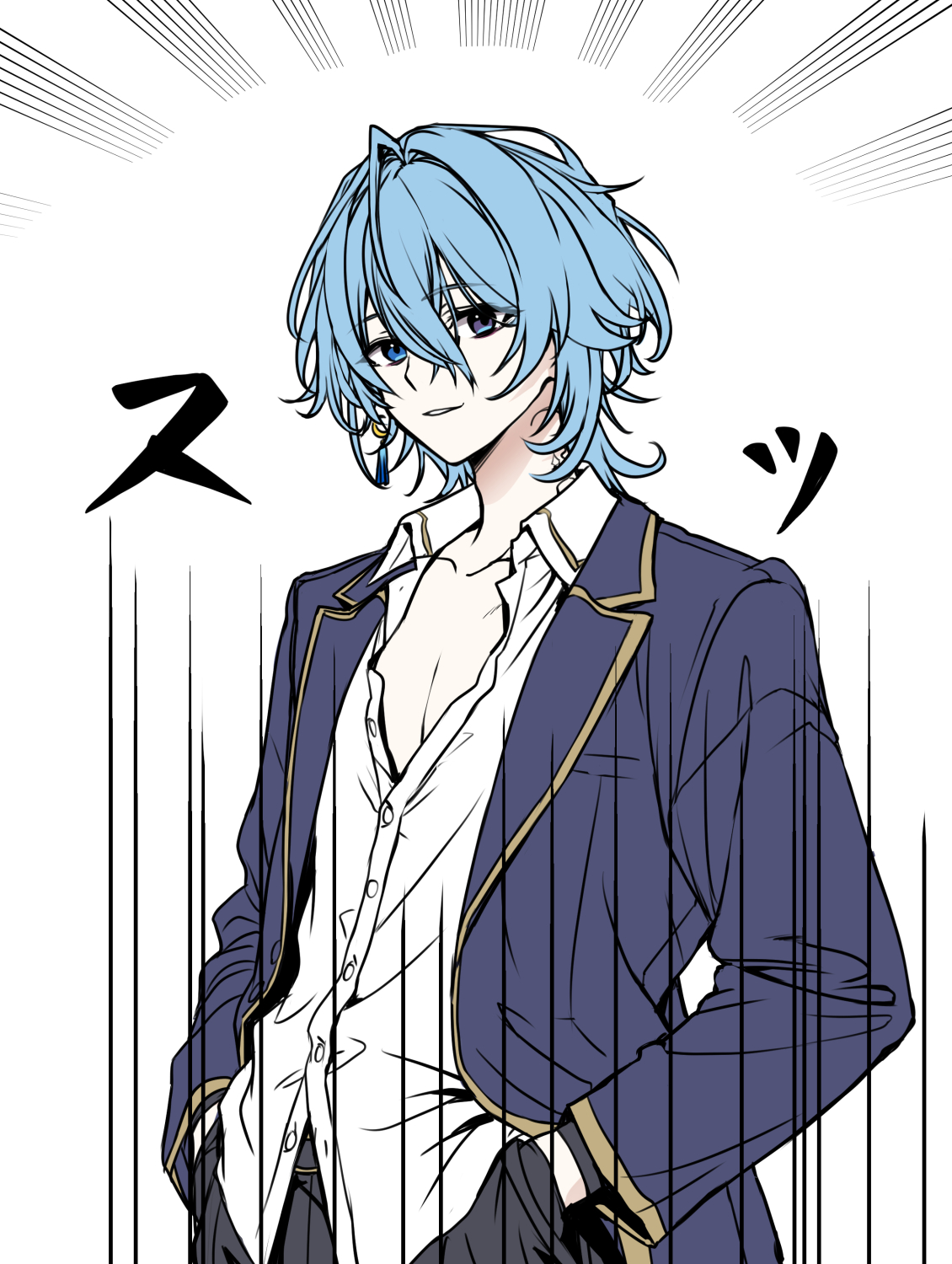 hirowa nagi, first stage production, commentary request, highres, translation request, 1boy, blue eyes, blue hair, blue jacket, collared shirt, cowboy shot, hair between eyes, hands in pockets, jacket, long bangs, long sleeves, looking at viewer, male focus, open clothes, open jacket, parted lips, shirt, short hair, smile, solo, tsukigami len, virtual youtuber, white background, white shirt