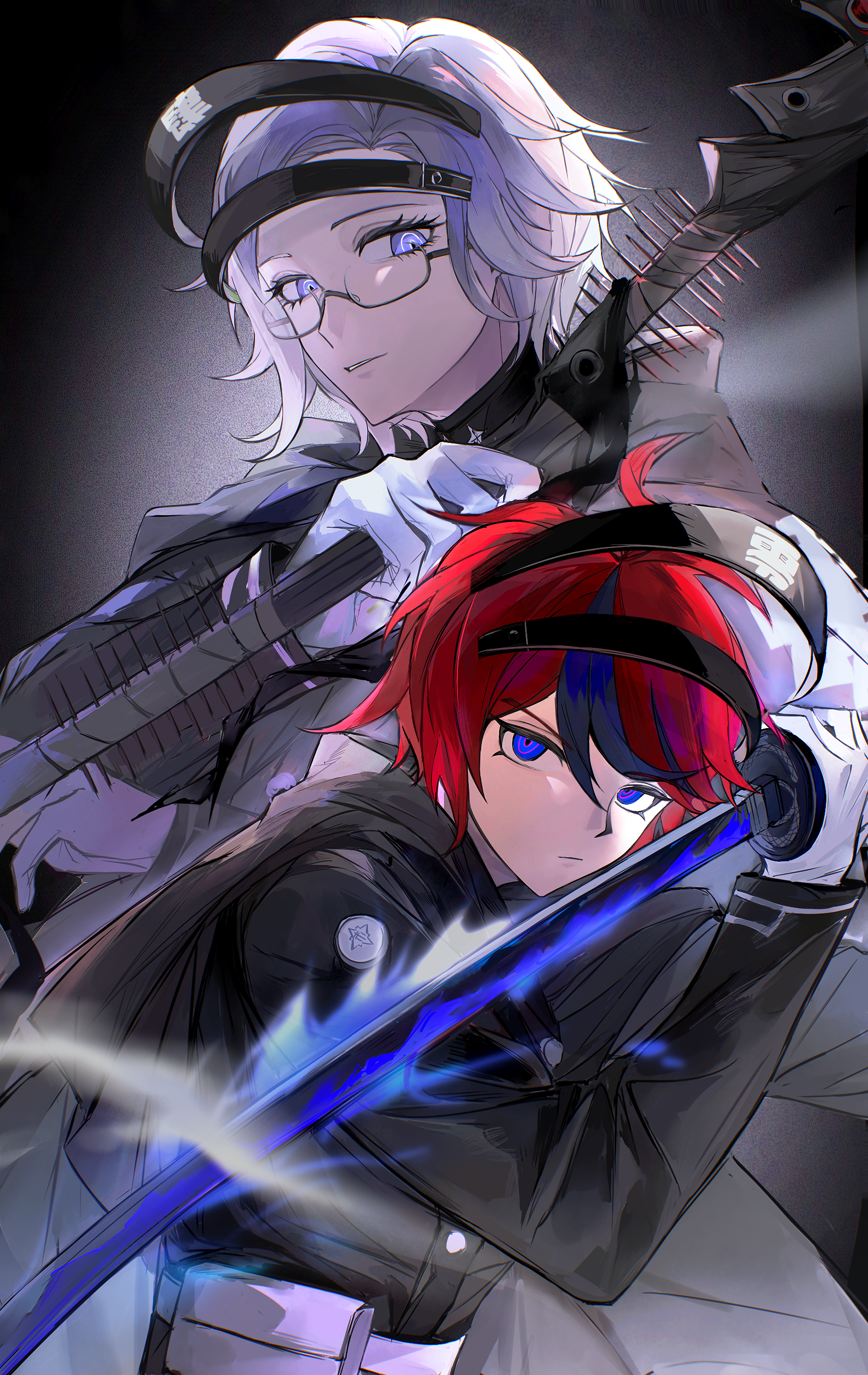 aotsuki eito, sumino takumi, the hundred line -last defense academy-, absurdres, chinese commentary, commentary, highres, 2boys, ahoge, black cape, black jacket, black streaks, blue eyes, cape, fighting stance, gakuran, glasses, gloves, grey hair, headgear, holding, holding scythe, holding weapon, jacket, kimfour, last defense academy school uniform, looking at viewer, male focus, multicolored hair, multiple boys, parted lips, purple eyes, red hair, ringed eyes, school uniform, scythe, short hair, spikes, streaked hair, weapon, white gloves