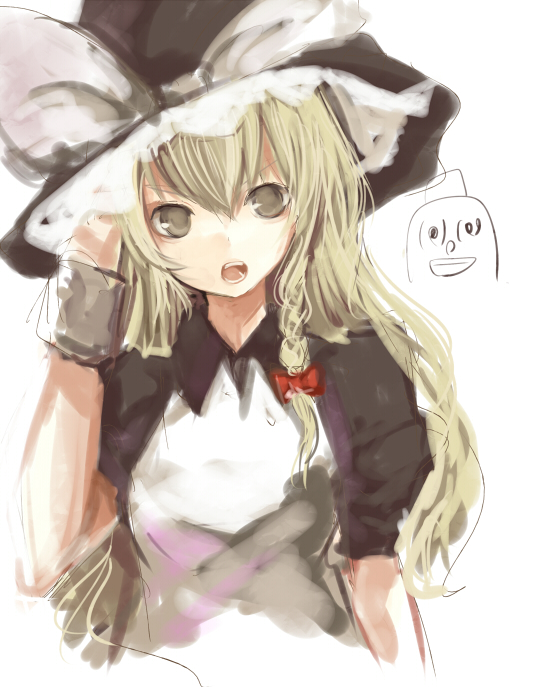 tetsuo (tashirosu), kirisame marisa, yagokoro, touhou, 1girl, angry, blonde hair, bow, braid, female focus, hair bow, hand on headwear, hat, open mouth, side braid, sketch, solo, witch, witch hat, wrist cuffs, yellow eyes