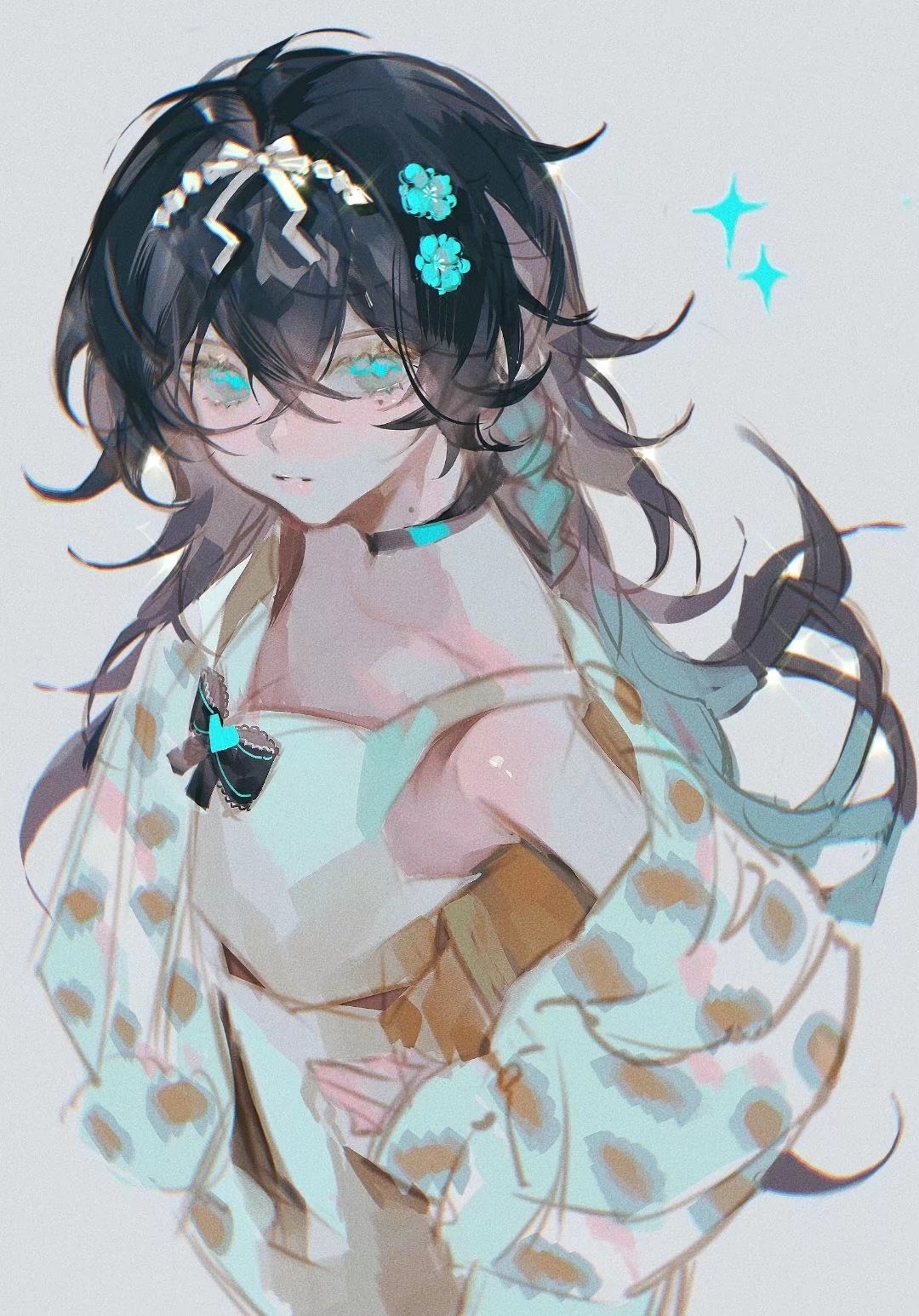 tengyuan bei ze, original, chinese commentary, highres, 1girl, aqua eyes, aqua flower, black bow, black bowtie, black choker, black hair, bow, bow hairband, bowtie, braid, brooch, choker, closed mouth, collarbone, cowboy shot, crossed bangs, dress, expressionless, flower, from above, grey background, hair between eyes, hair flower, hair ornament, hairband, hand on own hip, heart, heart brooch, jacket, jewelry, long hair, long sleeves, looking at viewer, looking to the side, mole, mole under eye, multicolored jacket, polka dot, polka dot jacket, side braid, sideways glance, simple background, single bare shoulder, single off shoulder, sleeveless, sleeveless dress, solo, sparkle, standing, two-tone jacket, white dress, white hairband, white jacket, yellow jacket