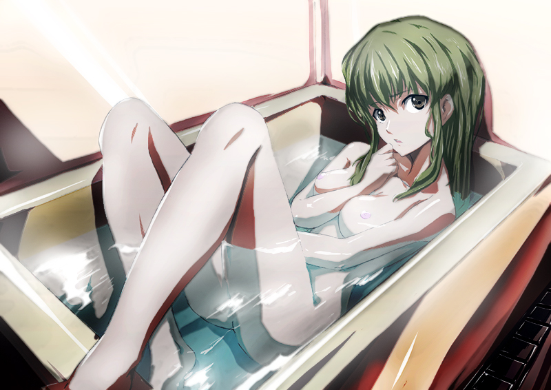 nanai, bad id, bad pixiv id, 1girl, bath, bathroom, breasts, female focus, green hair, medium breasts, nipples, nude, short hair, solo