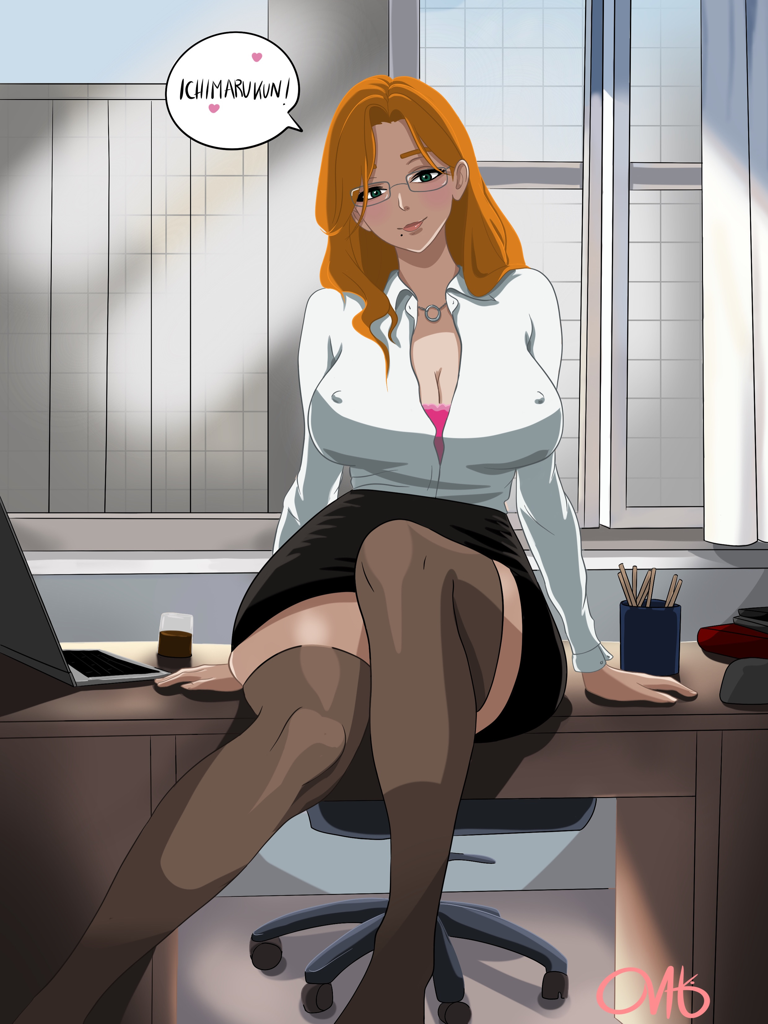 myrku, matsumoto rangiku, bleach, highres, 1girl, artist name, blouse, breasts, chain, chain necklace, chair, computer, desk, drink, english text, female focus, glasses, jewelry, laptop, large breasts, looking at viewer, mole, mole under mouth, necklace, office chair, office lady, pantyhose, shirt, sitting, skirt, speech bubble, swivel chair, wide hips
